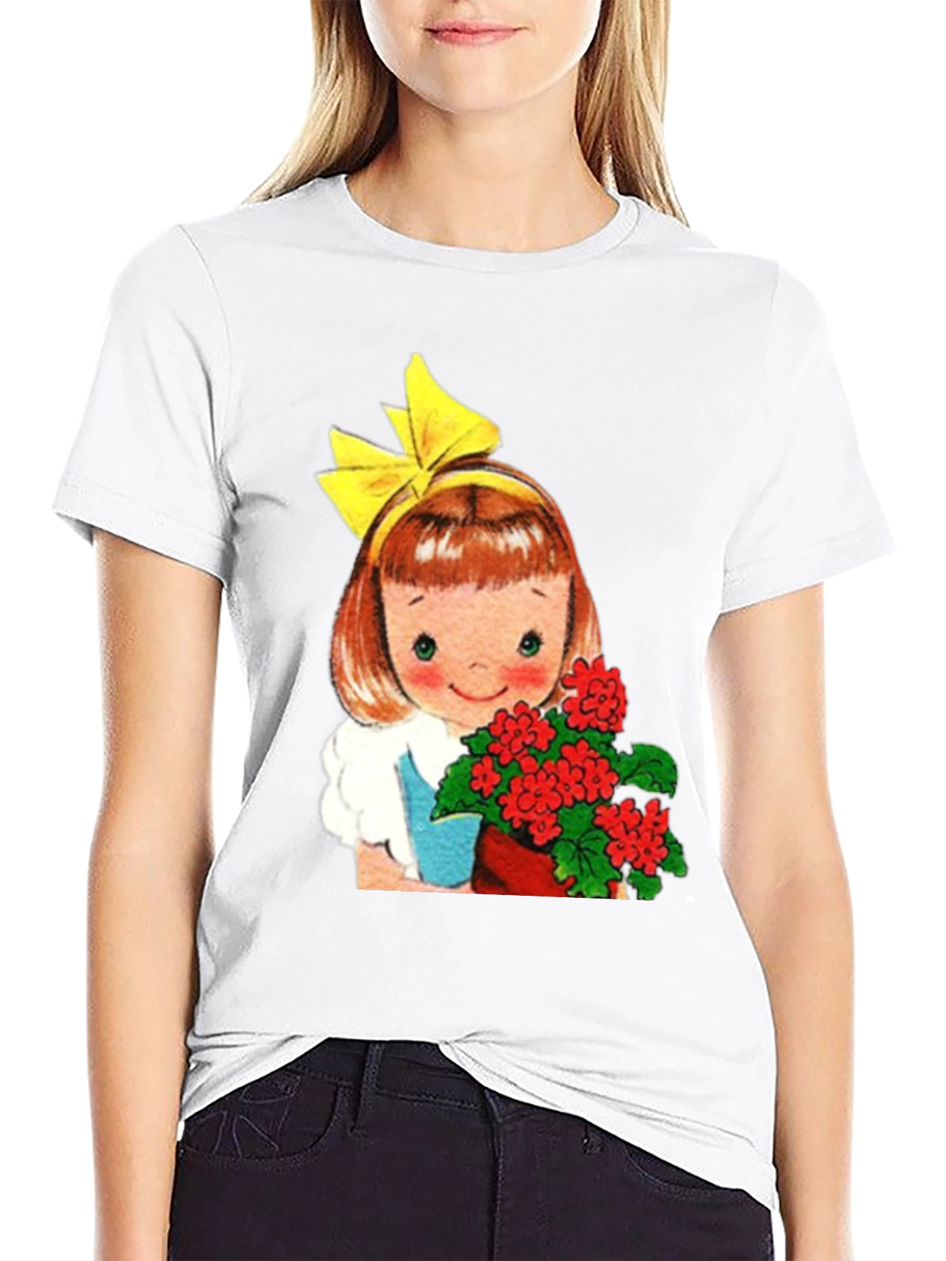 Retro Girl with Flowers Graphic T-Shirt - Black