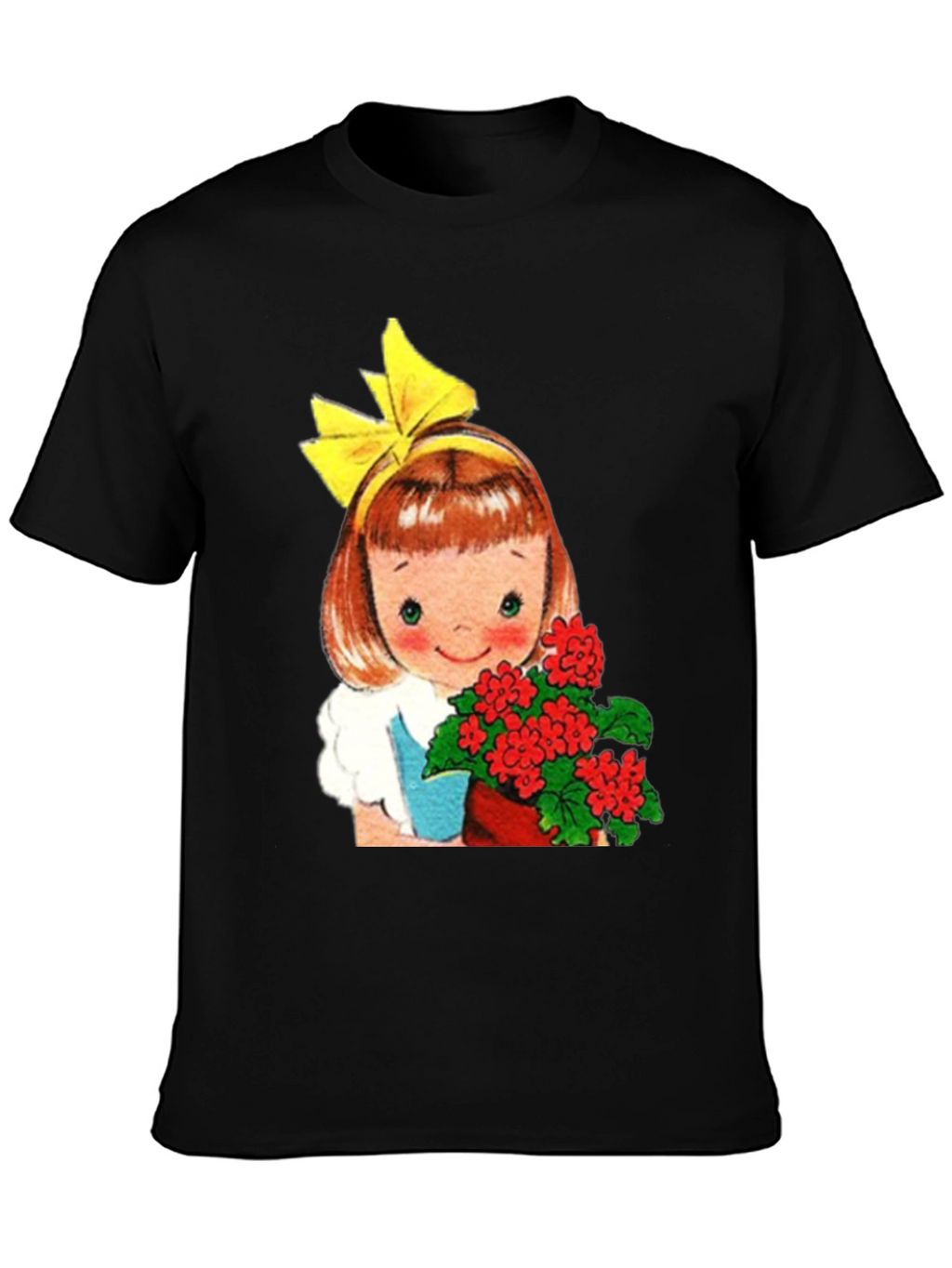 Retro Girl with Flowers Graphic T-Shirt - Black
