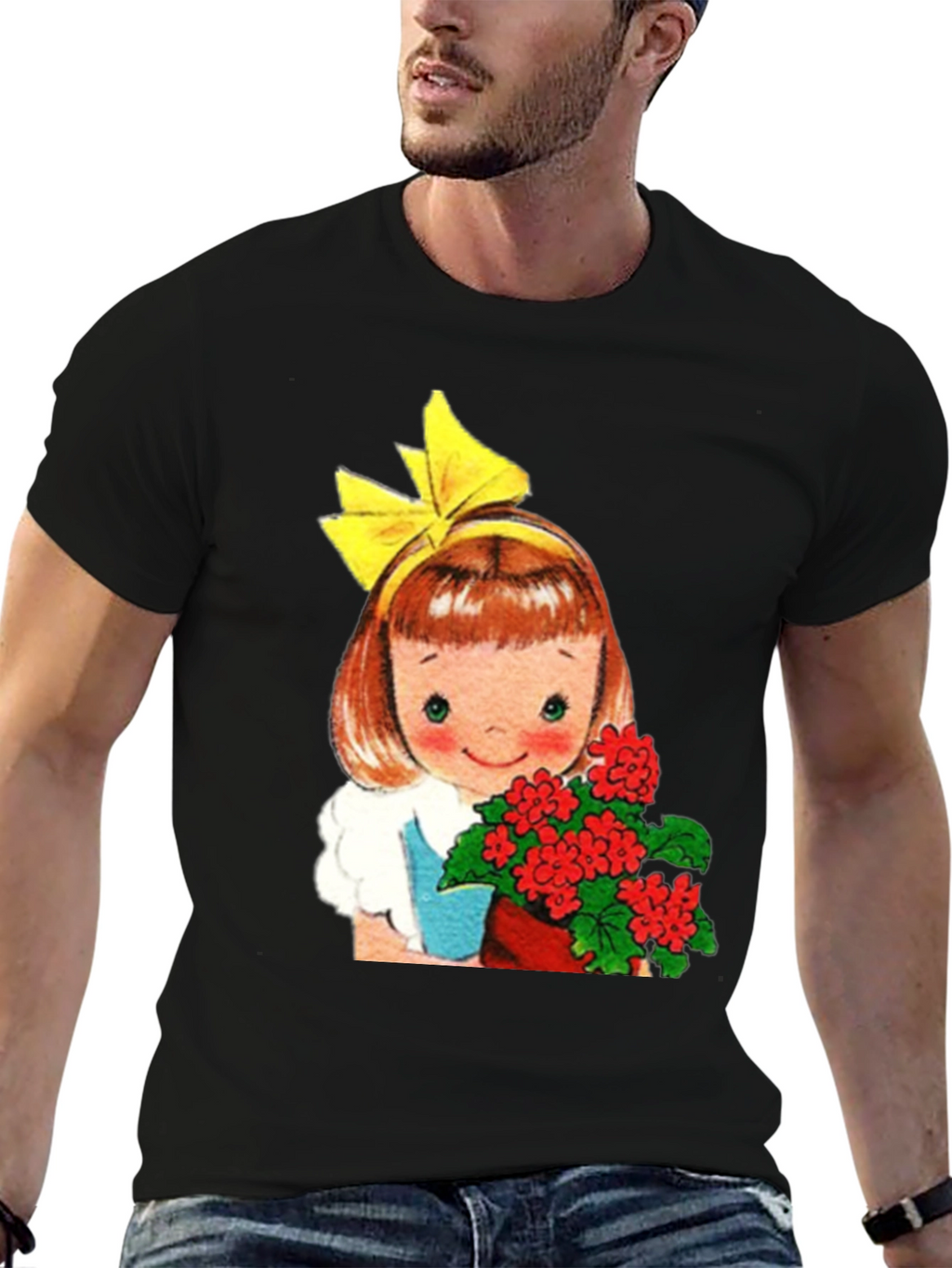 Retro Girl with Flowers Graphic T-Shirt - Black