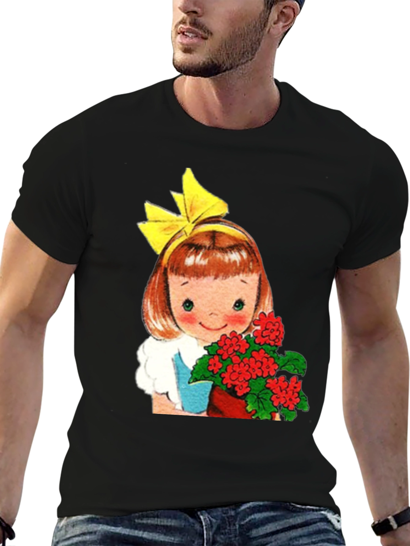 Retro Girl with Flowers Graphic T-Shirt - Black