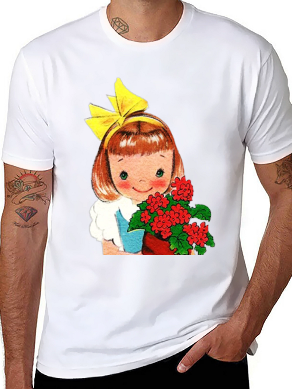 Retro Girl with Flowers Graphic T-Shirt - Black