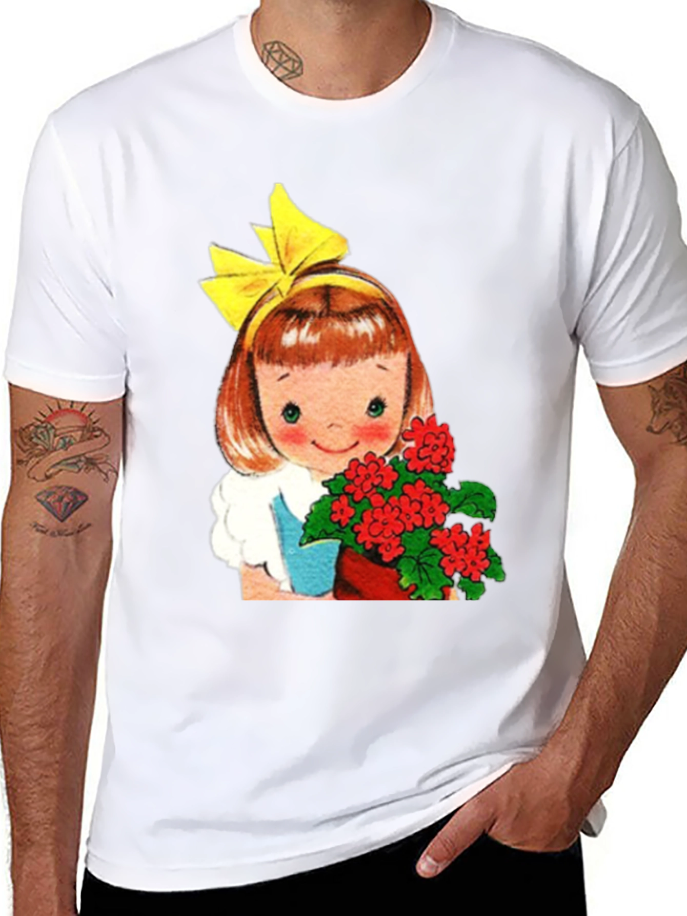 Retro Girl with Flowers Graphic T-Shirt - Black