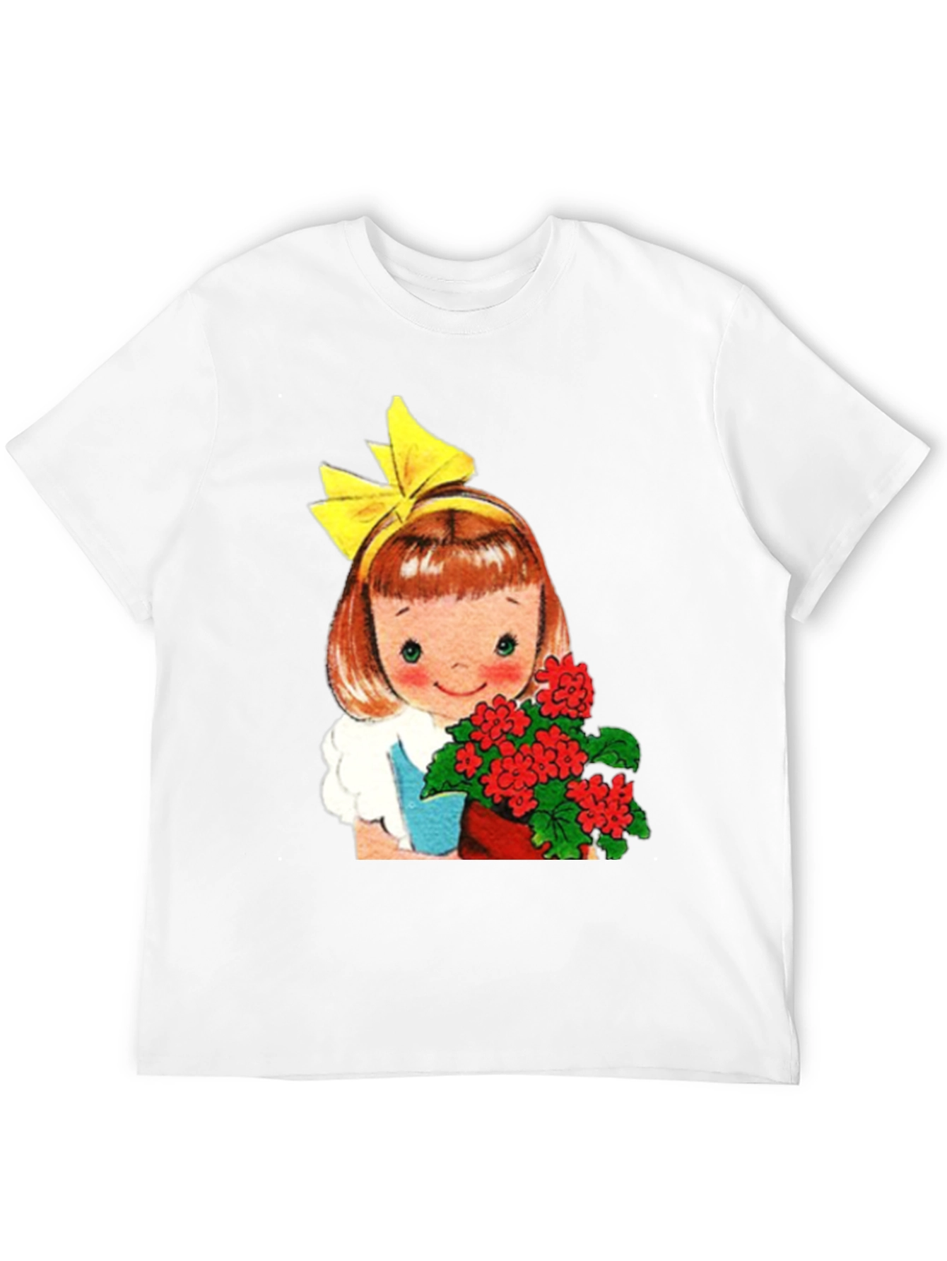 Retro Girl with Flowers Graphic T-Shirt - Black