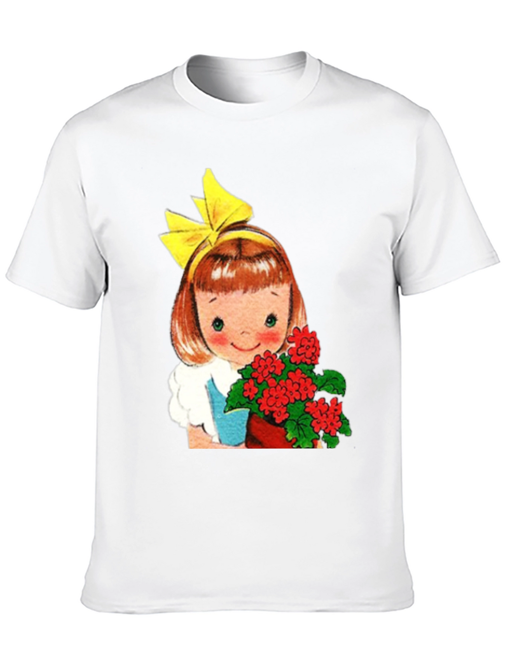 Retro Girl with Flowers Graphic T-Shirt - Black