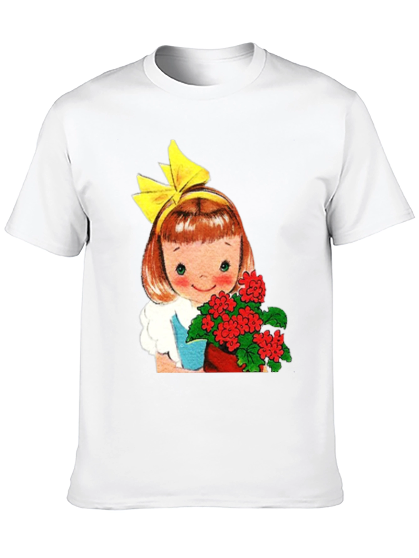 Retro Girl with Flowers Graphic T-Shirt - Black