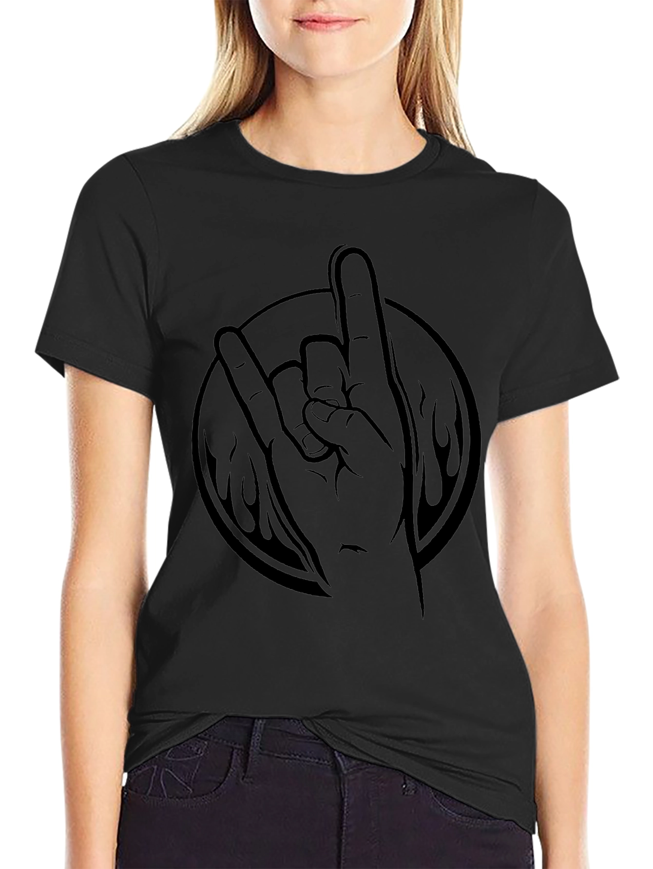 Rock On Hand Gesture Black T-Shirt