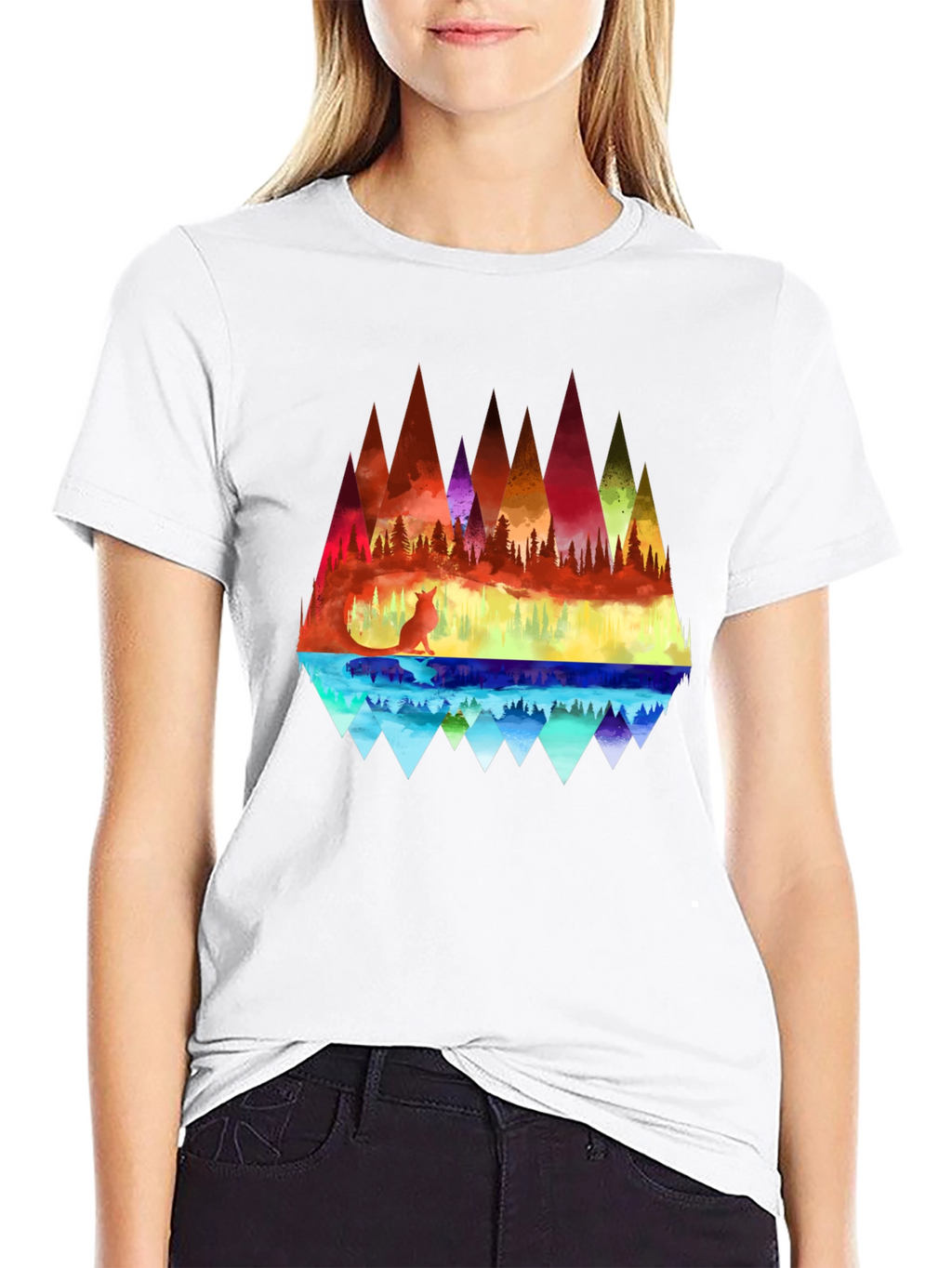 Vibrant Fox & Geometric Mountain Black T-Shirt