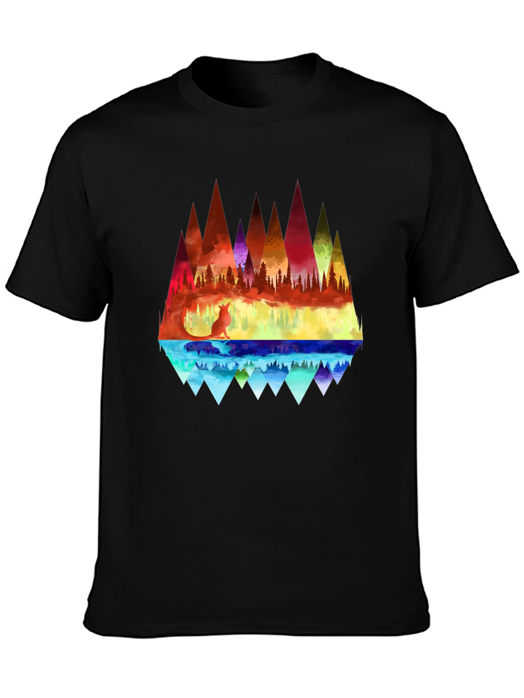 Vibrant Fox & Geometric Mountain Black T-Shirt