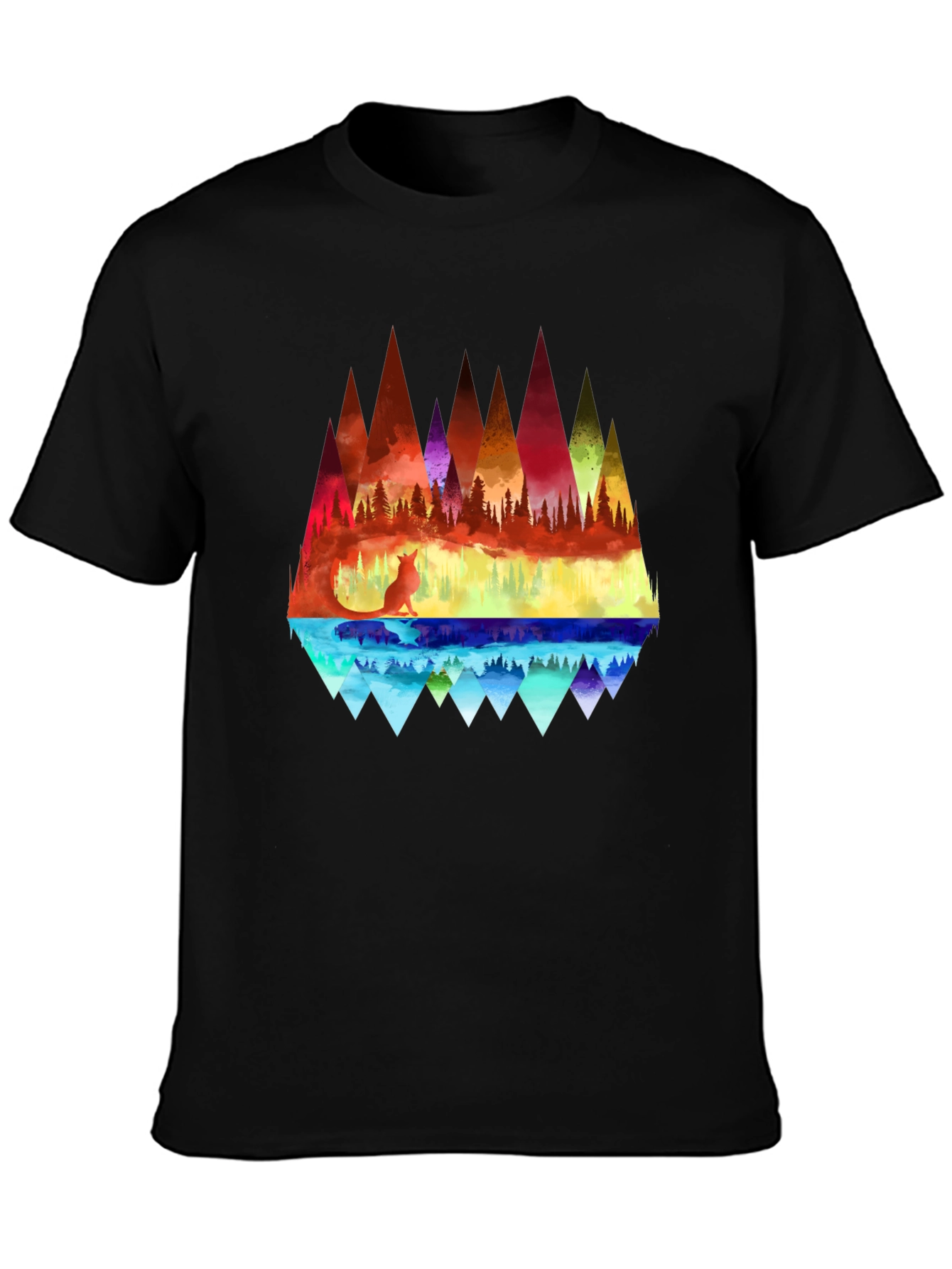 Vibrant Fox & Geometric Mountain Black T-Shirt