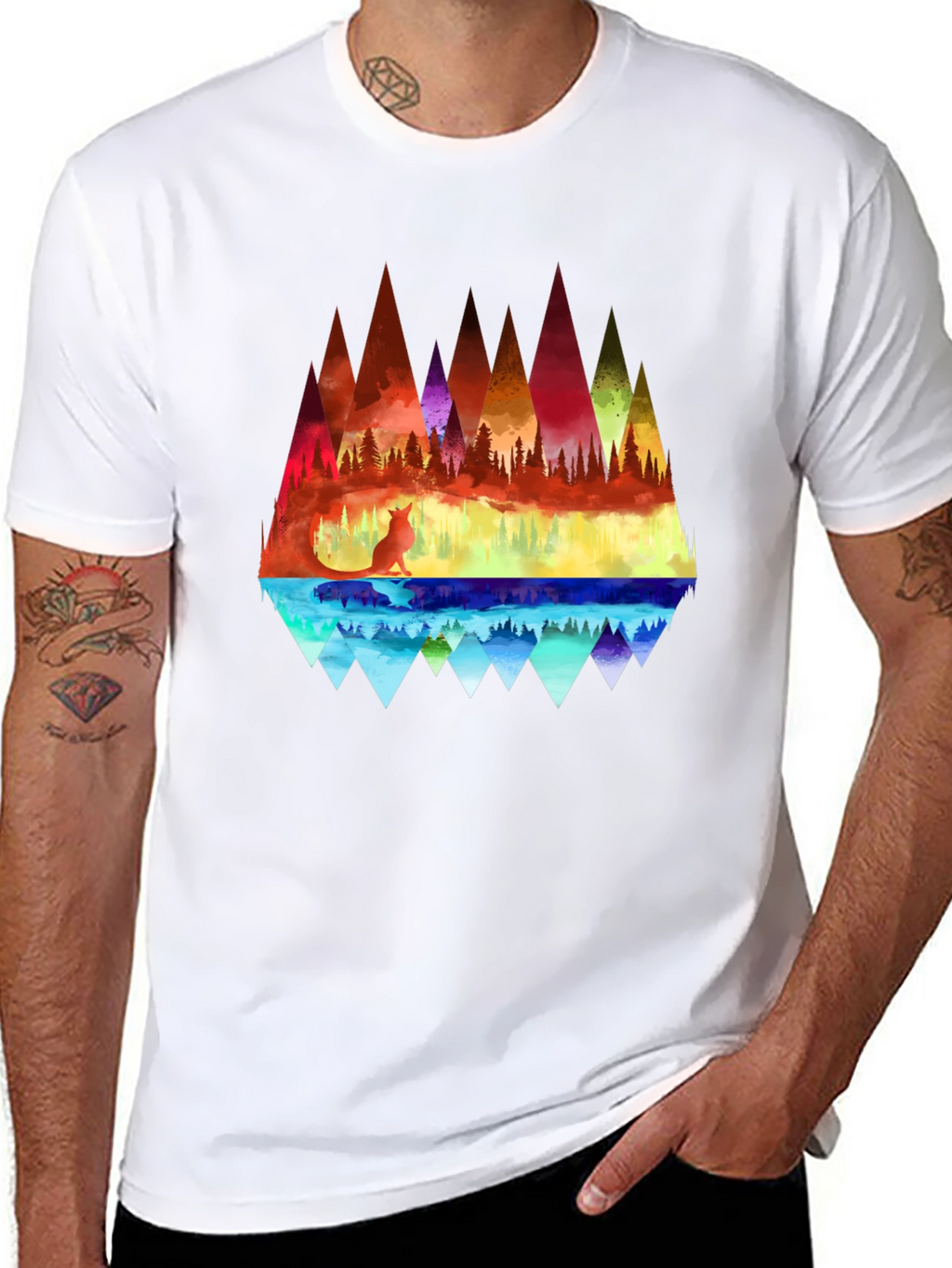 Vibrant Fox & Geometric Mountain Black T-Shirt