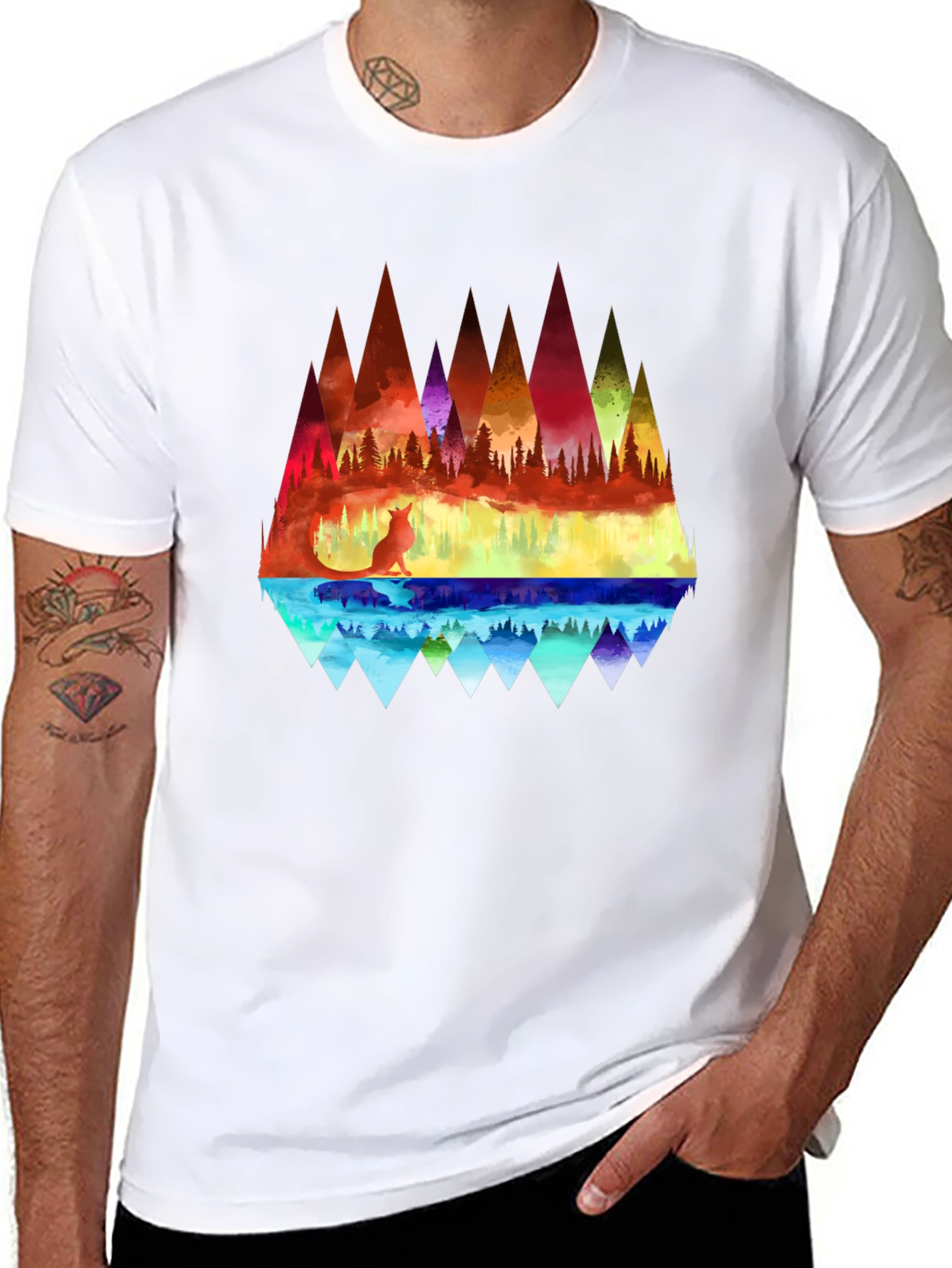 Vibrant Fox & Geometric Mountain Black T-Shirt