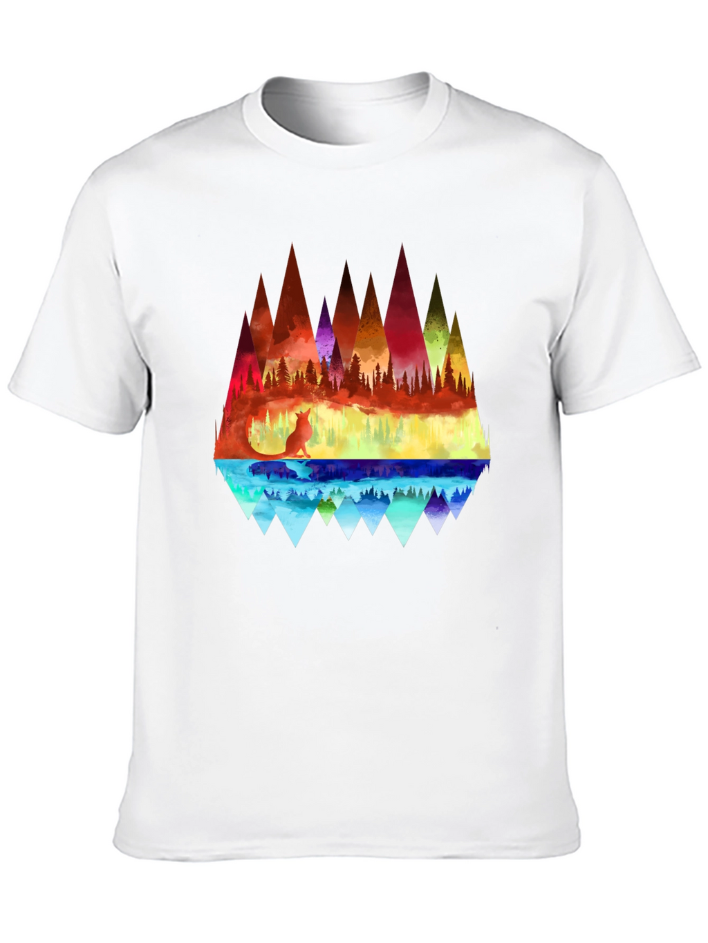 Vibrant Fox & Geometric Mountain Black T-Shirt