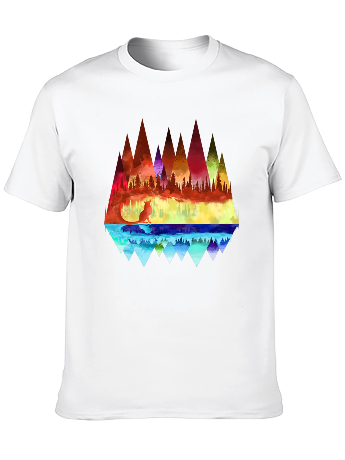Vibrant Fox & Geometric Mountain Black T-Shirt