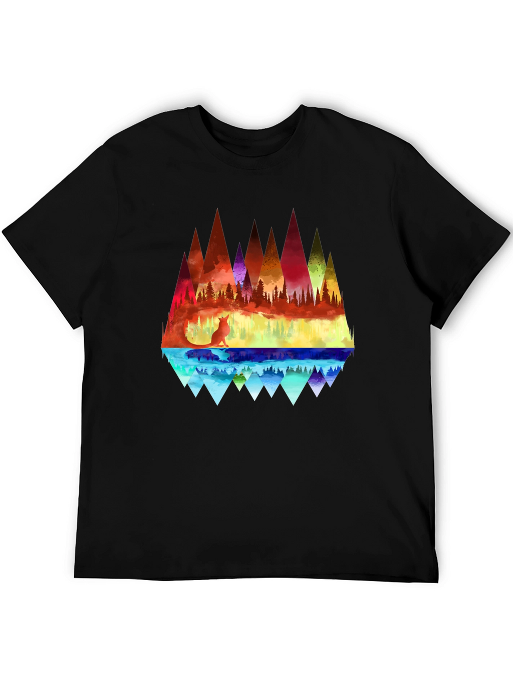Vibrant Fox & Geometric Mountain Black T-Shirt
