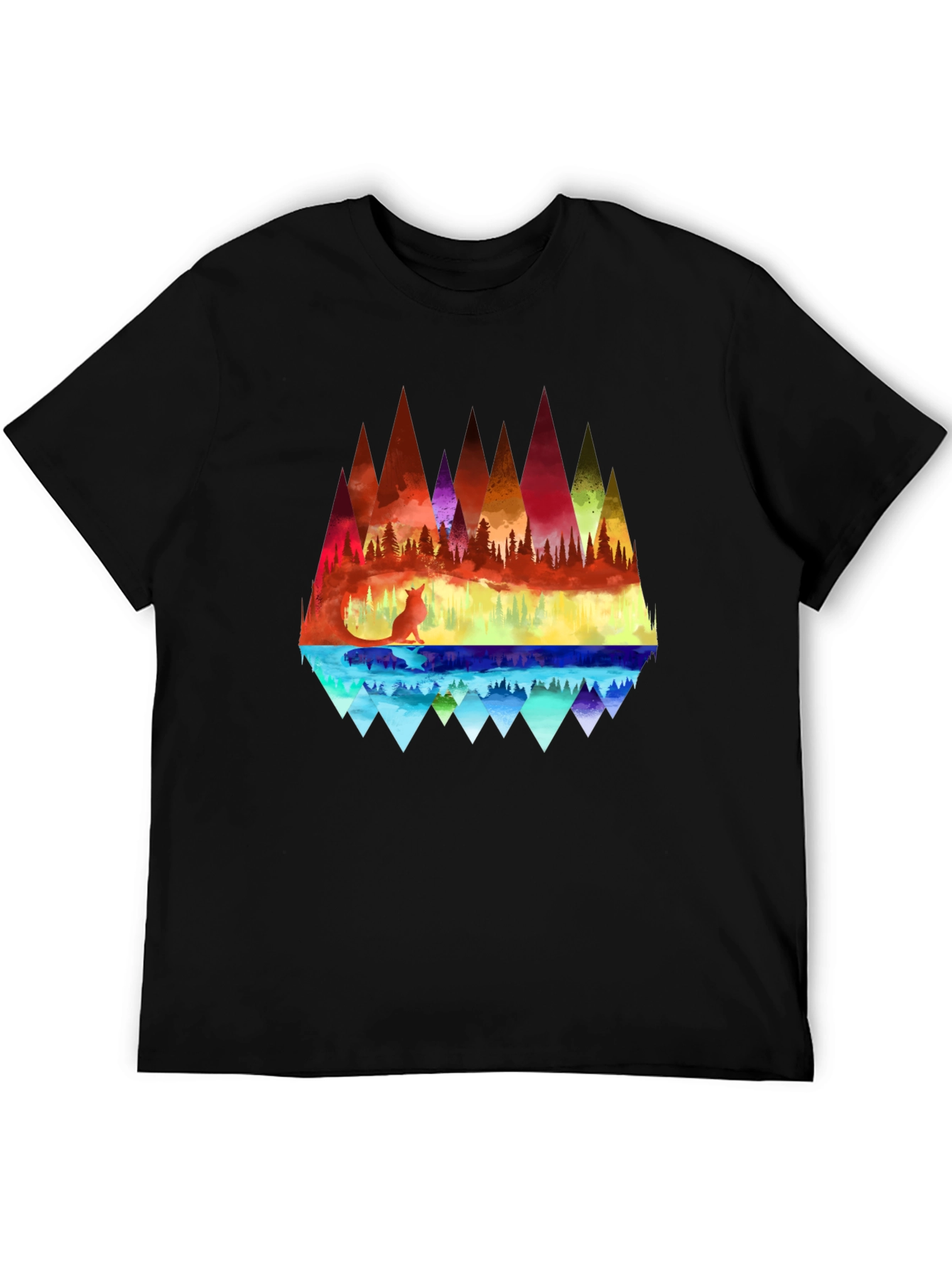 Vibrant Fox & Geometric Mountain Black T-Shirt