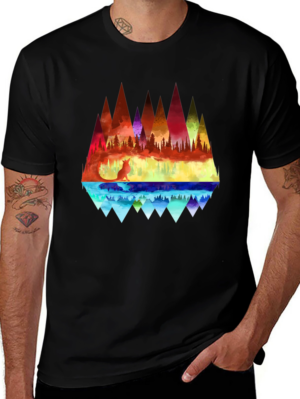 Vibrant Fox & Geometric Mountain Black T-Shirt