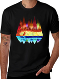 Vibrant Fox & Geometric Mountain Black T-Shirt
