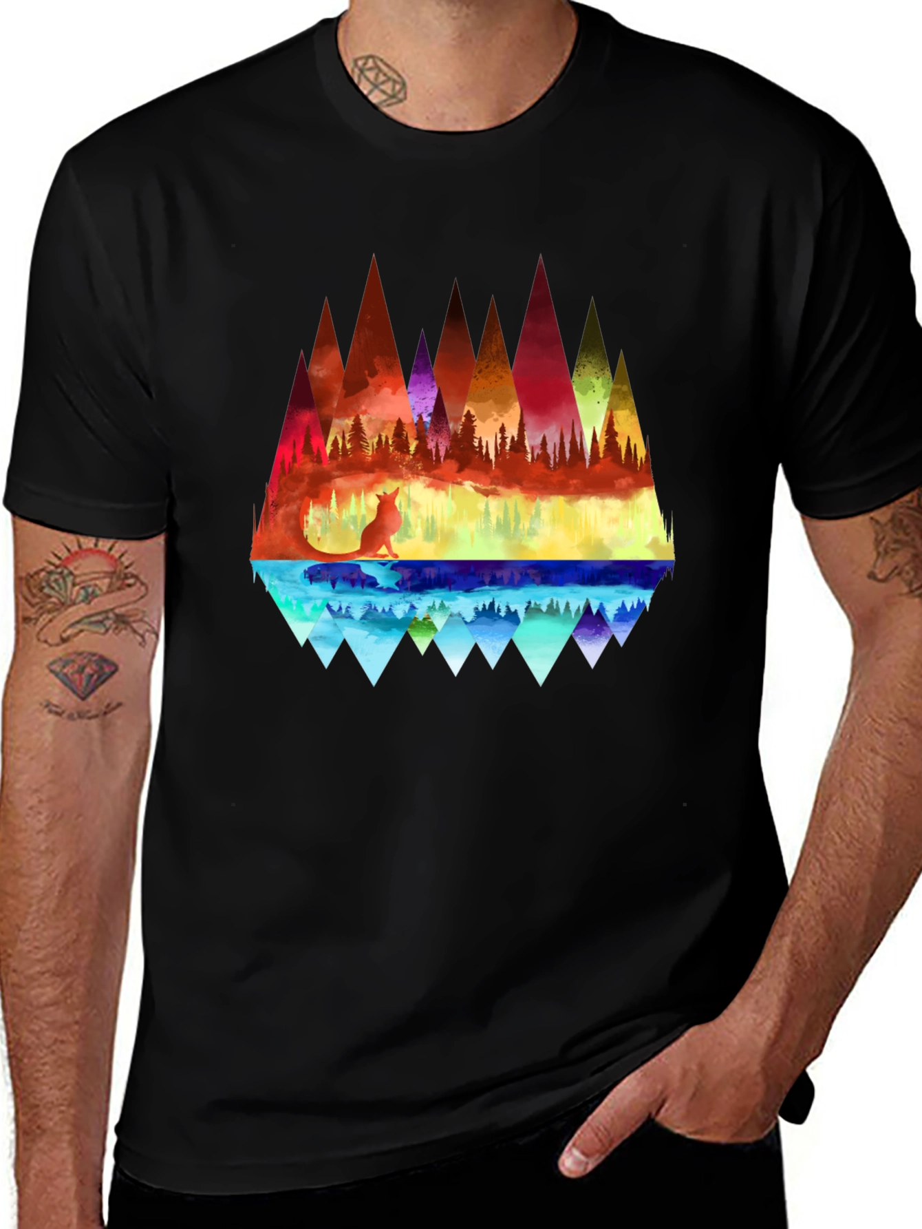 Vibrant Fox & Geometric Mountain Black T-Shirt
