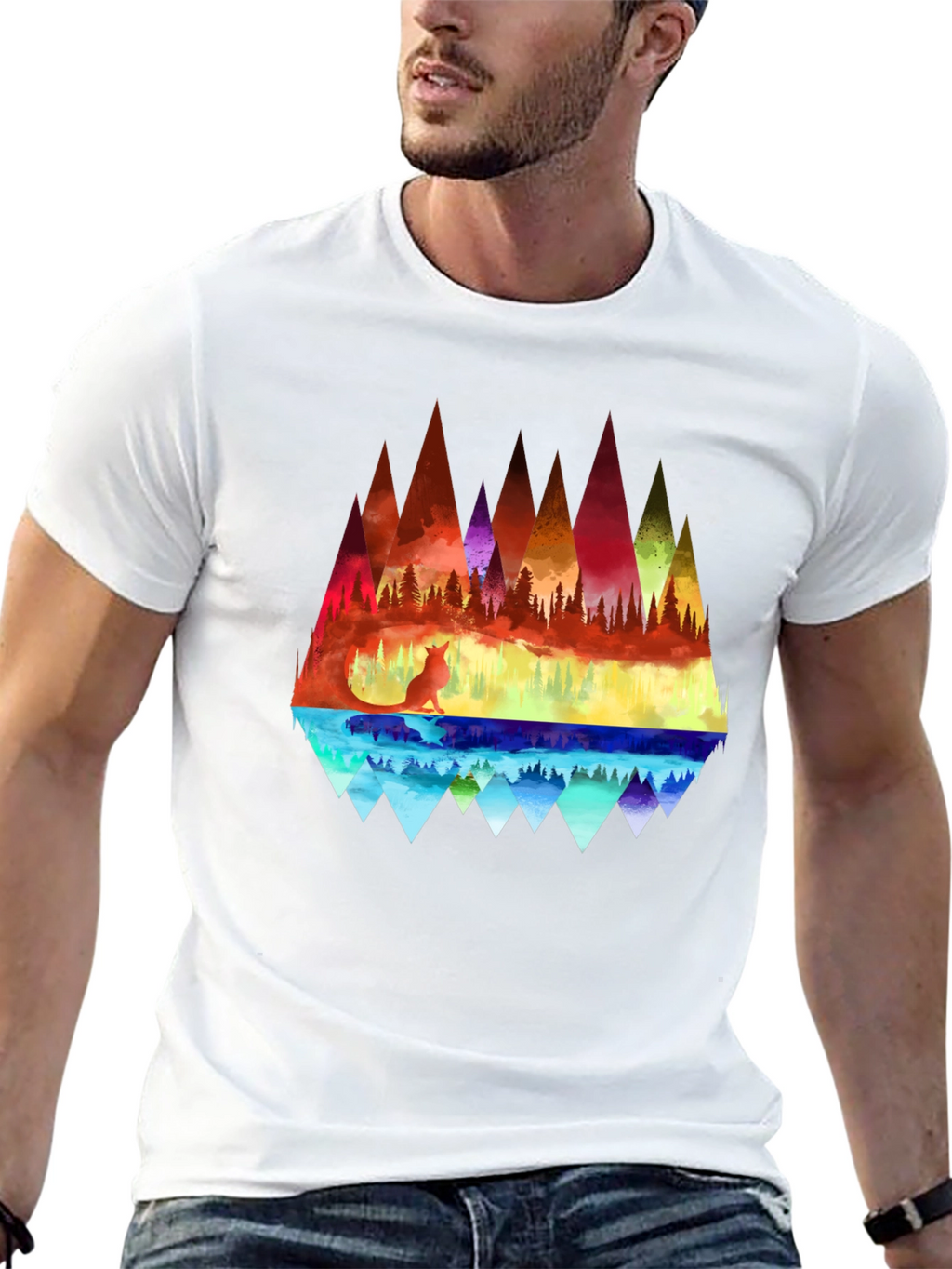 Vibrant Fox & Geometric Mountain Black T-Shirt