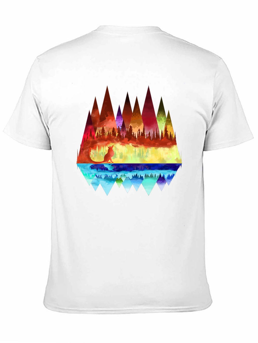 Vibrant Fox & Geometric Mountain Black T-Shirt