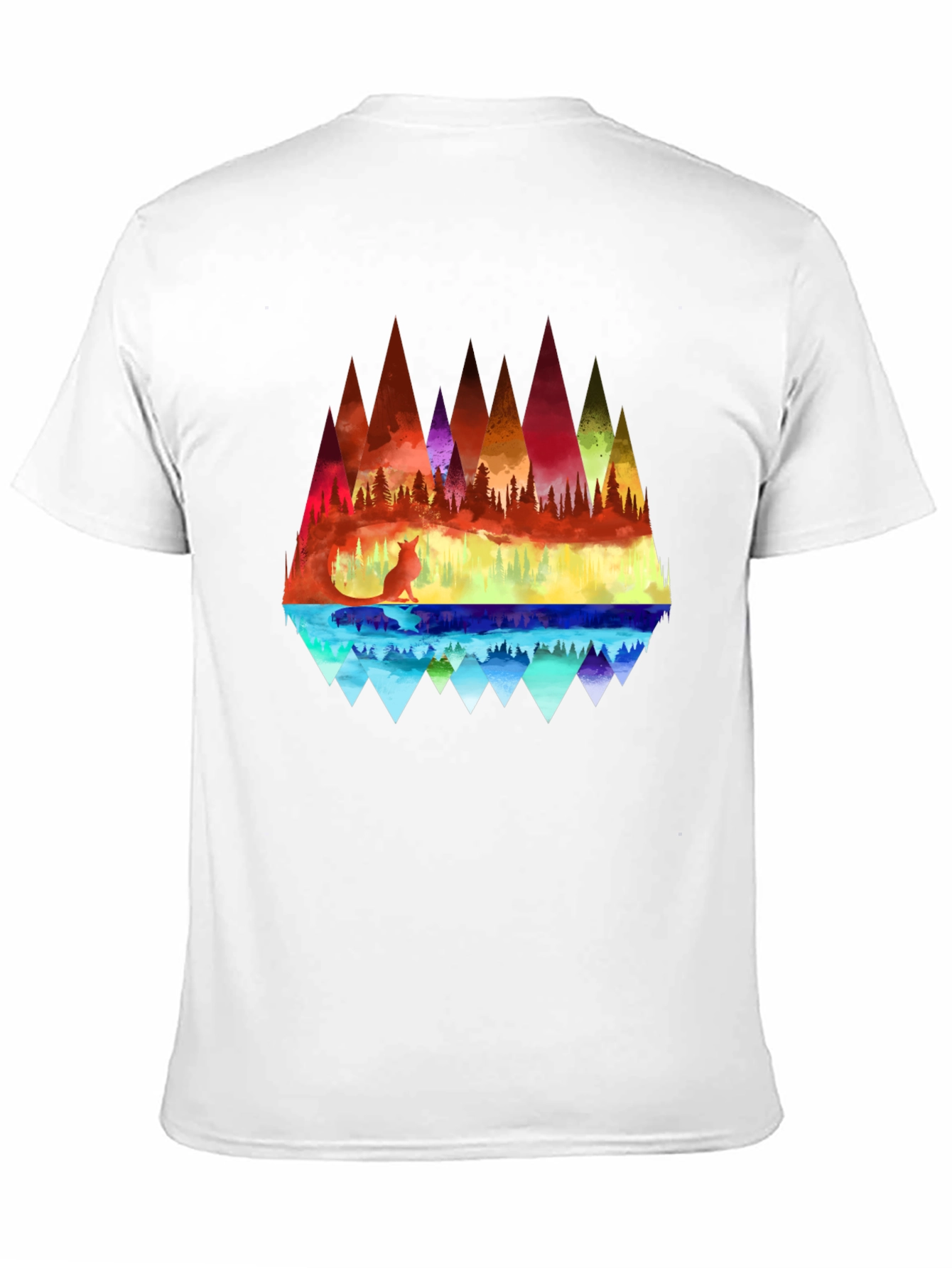 Vibrant Fox & Geometric Mountain Black T-Shirt