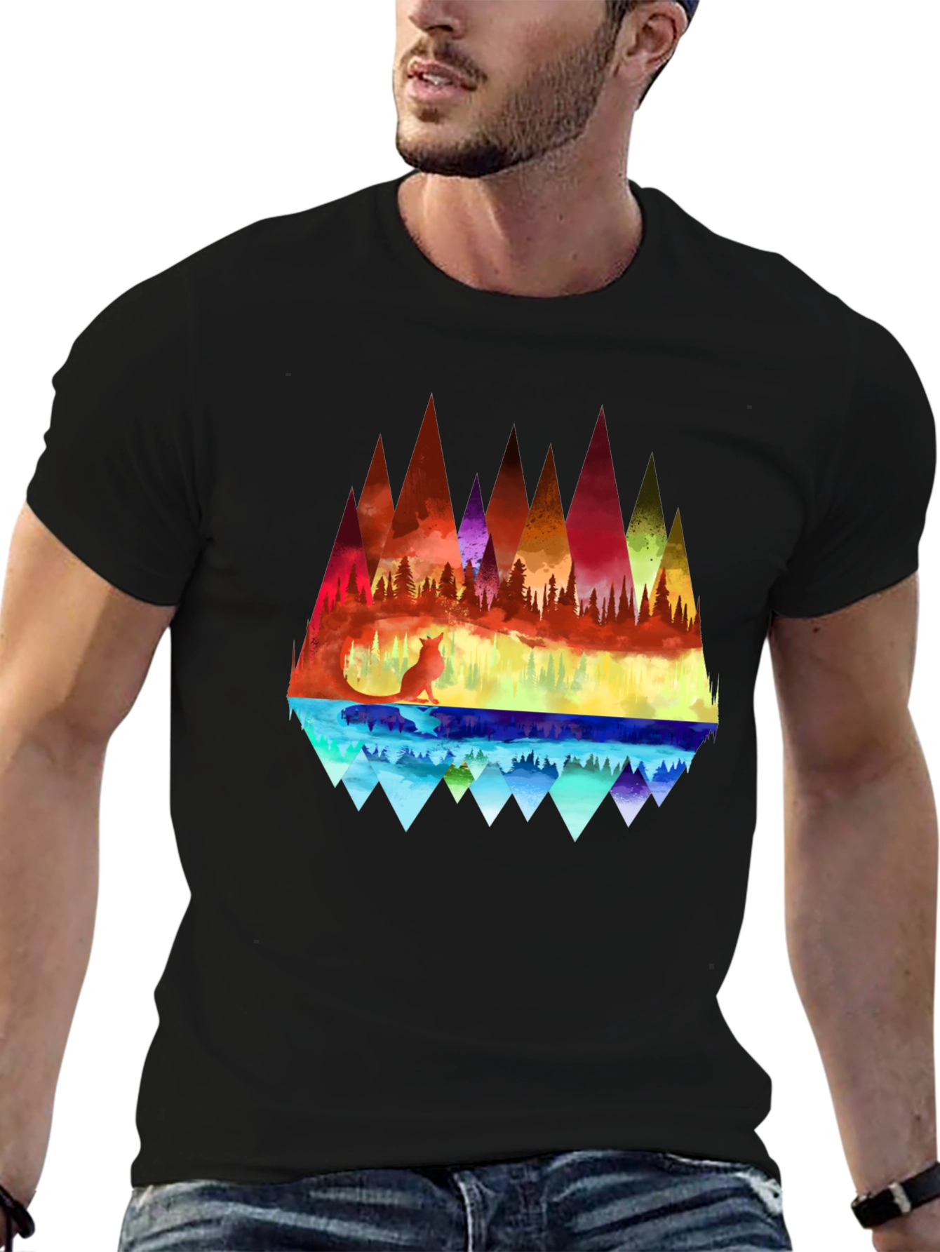 Vibrant Fox & Geometric Mountain Black T-Shirt