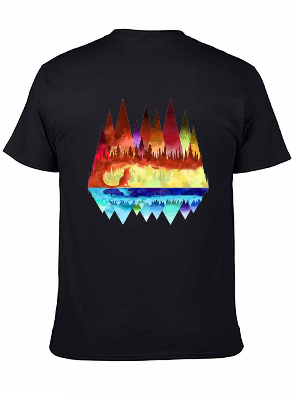 Vibrant Fox & Geometric Mountain Black T-Shirt