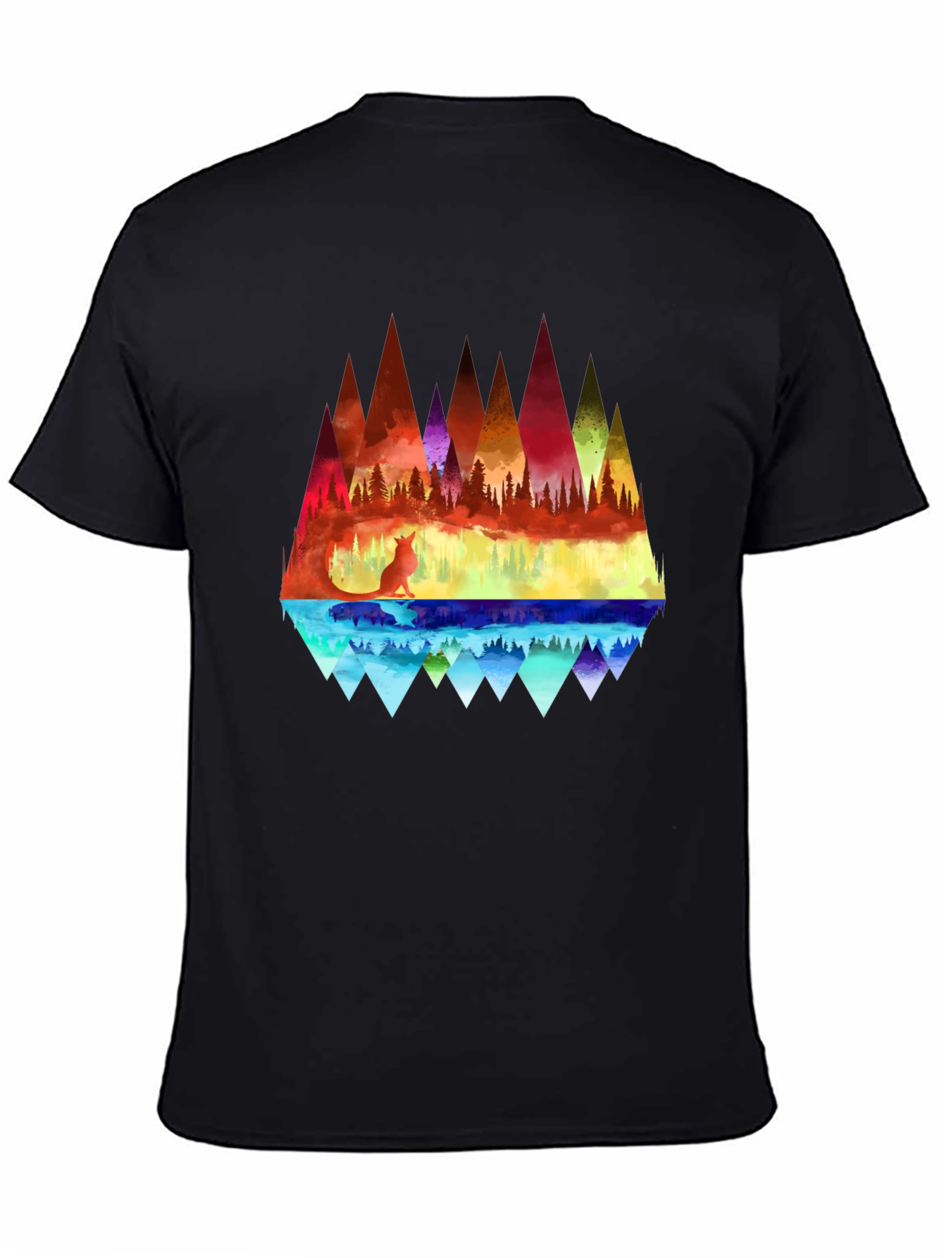 Vibrant Fox & Geometric Mountain Black T-Shirt