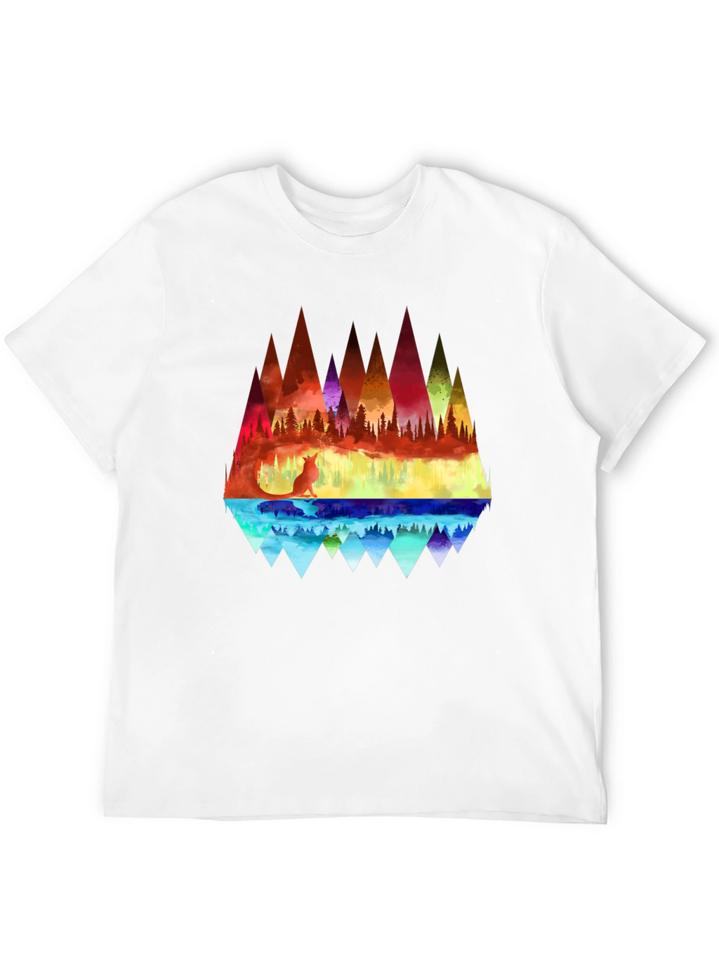Vibrant Fox & Geometric Mountain Black T-Shirt