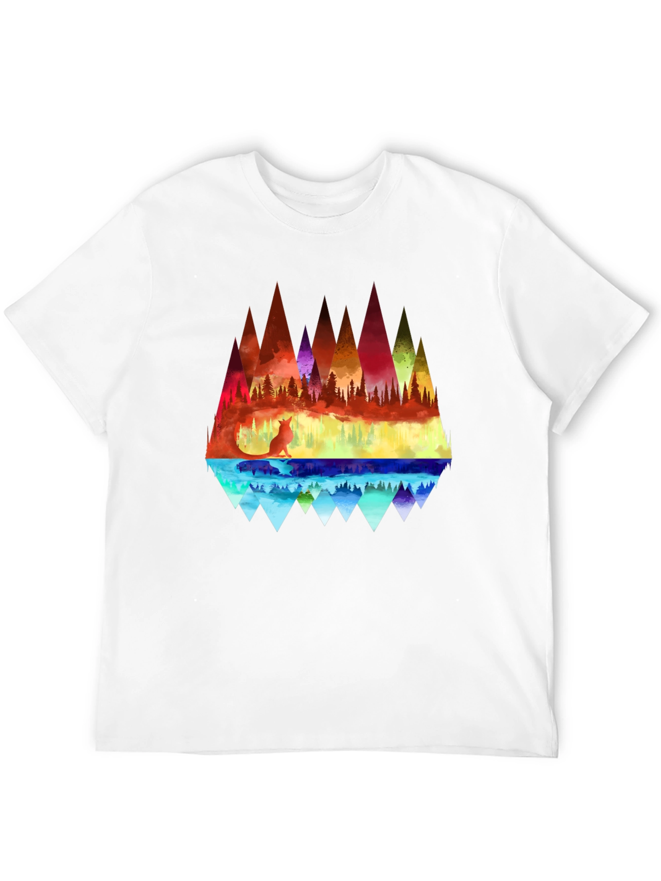 Vibrant Fox & Geometric Mountain Black T-Shirt