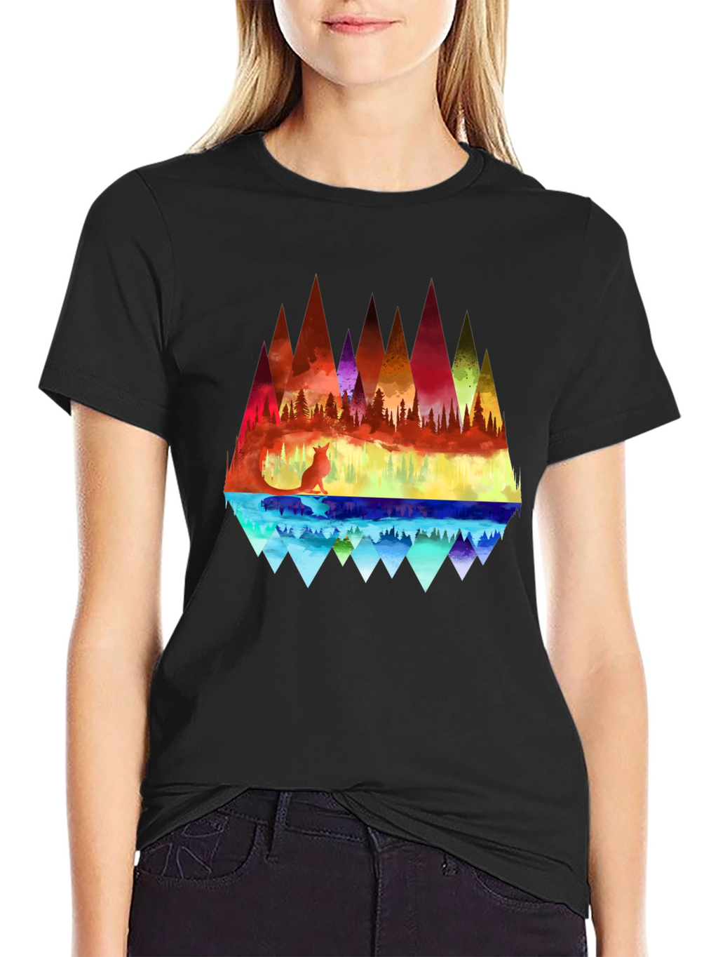 Vibrant Fox & Geometric Mountain Black T-Shirt