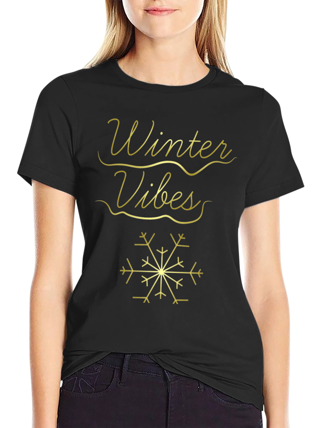 Winter Vibes T-Shirt - Black with Gold Design