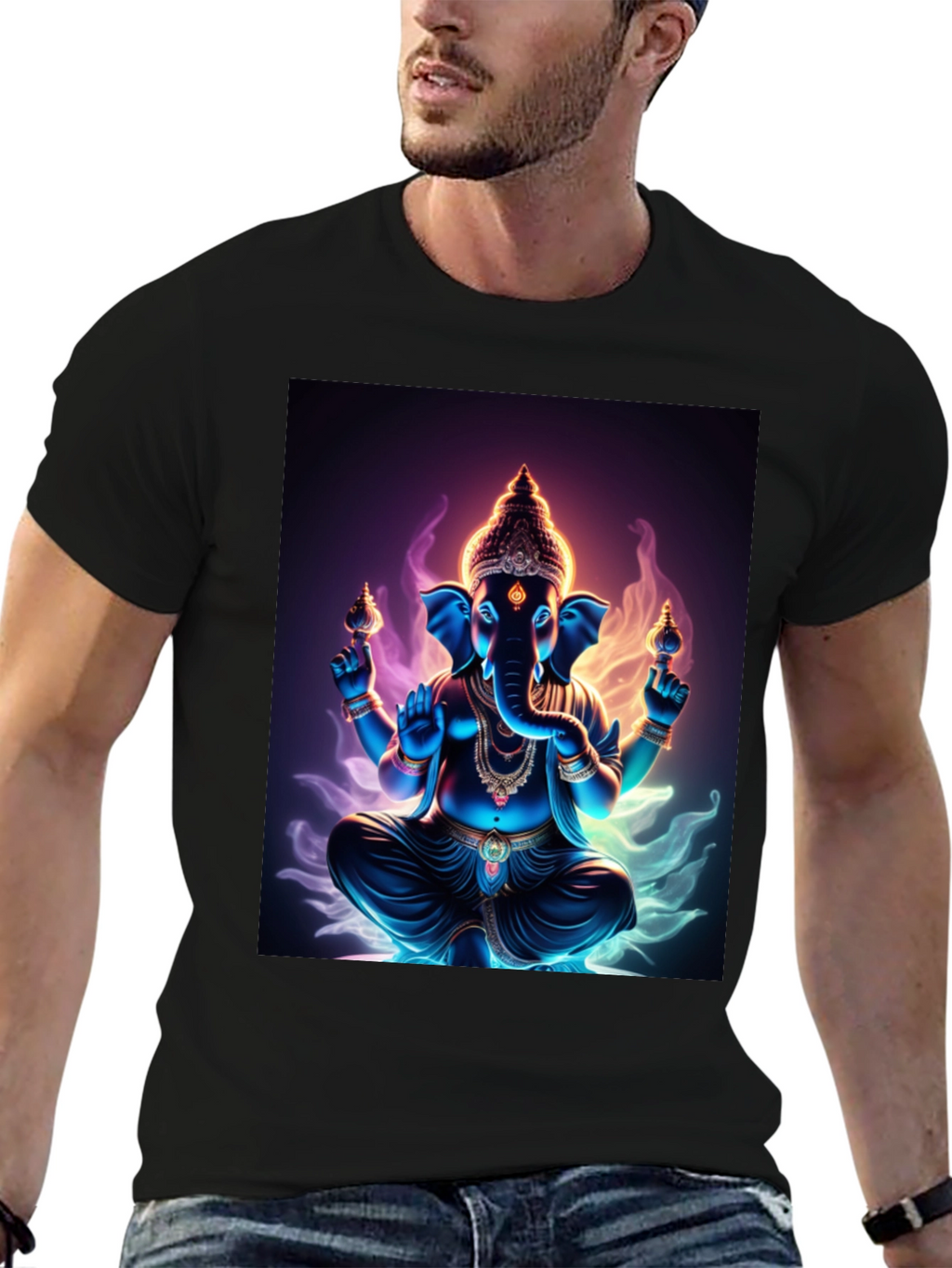 Ganesh Graphic Tee - Spiritual Print Black T-Shirt