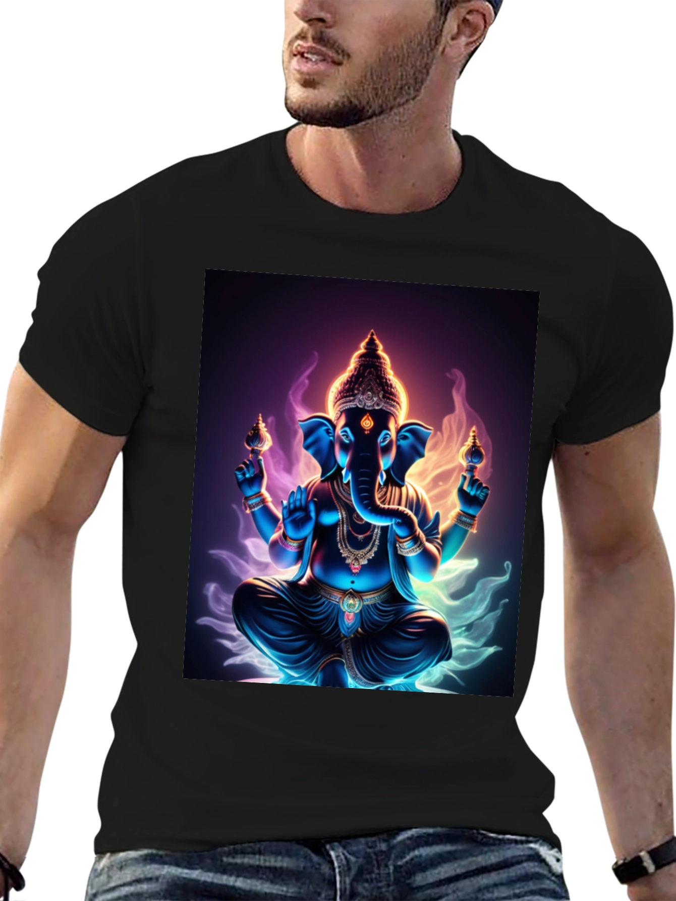 Ganesh Graphic Tee - Spiritual Print Black T-Shirt