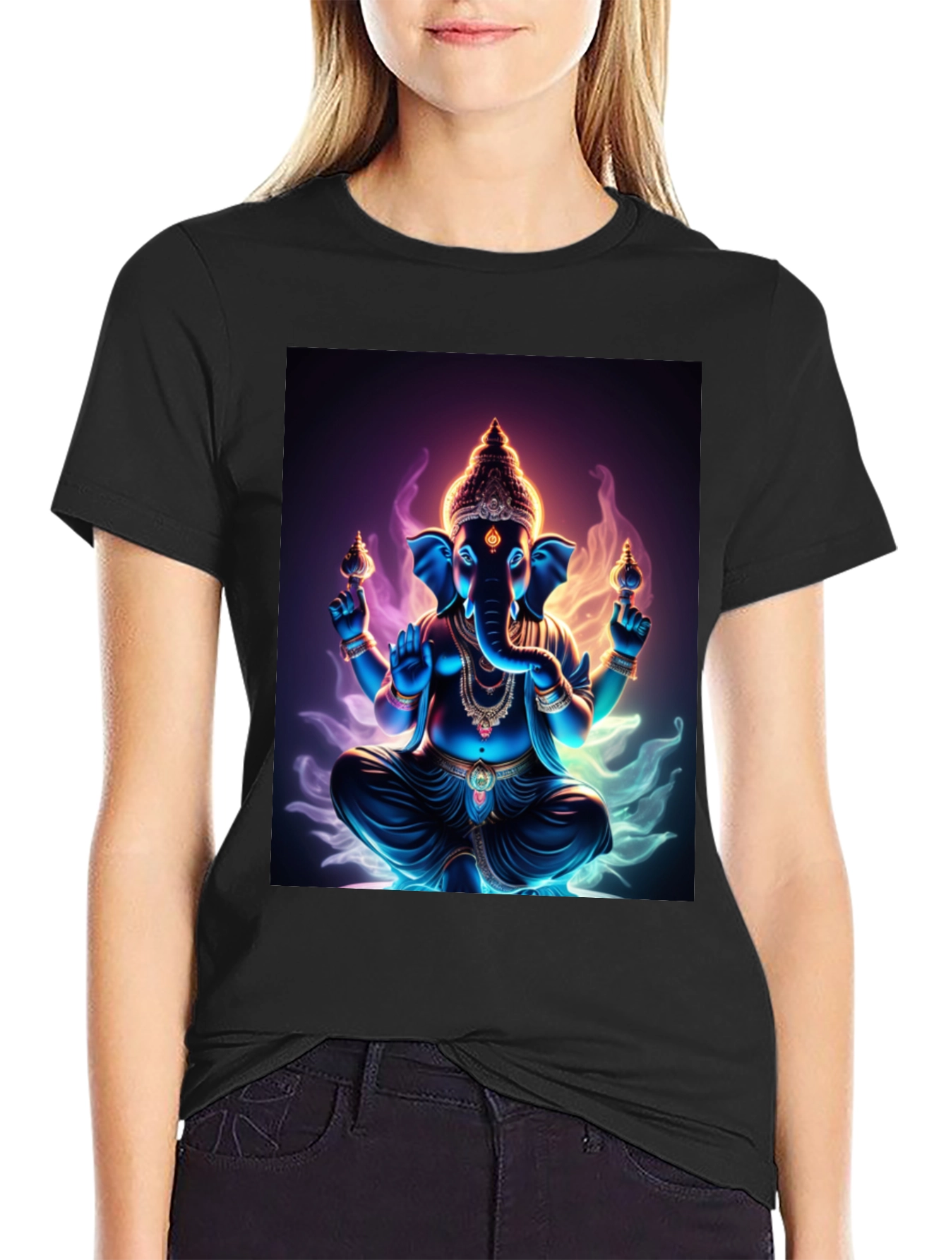 Ganesh Graphic Tee - Spiritual Print Black T-Shirt
