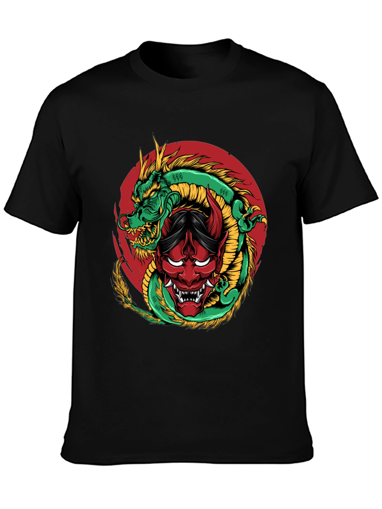 Dragon and Oni Mask Graphic T-Shirt