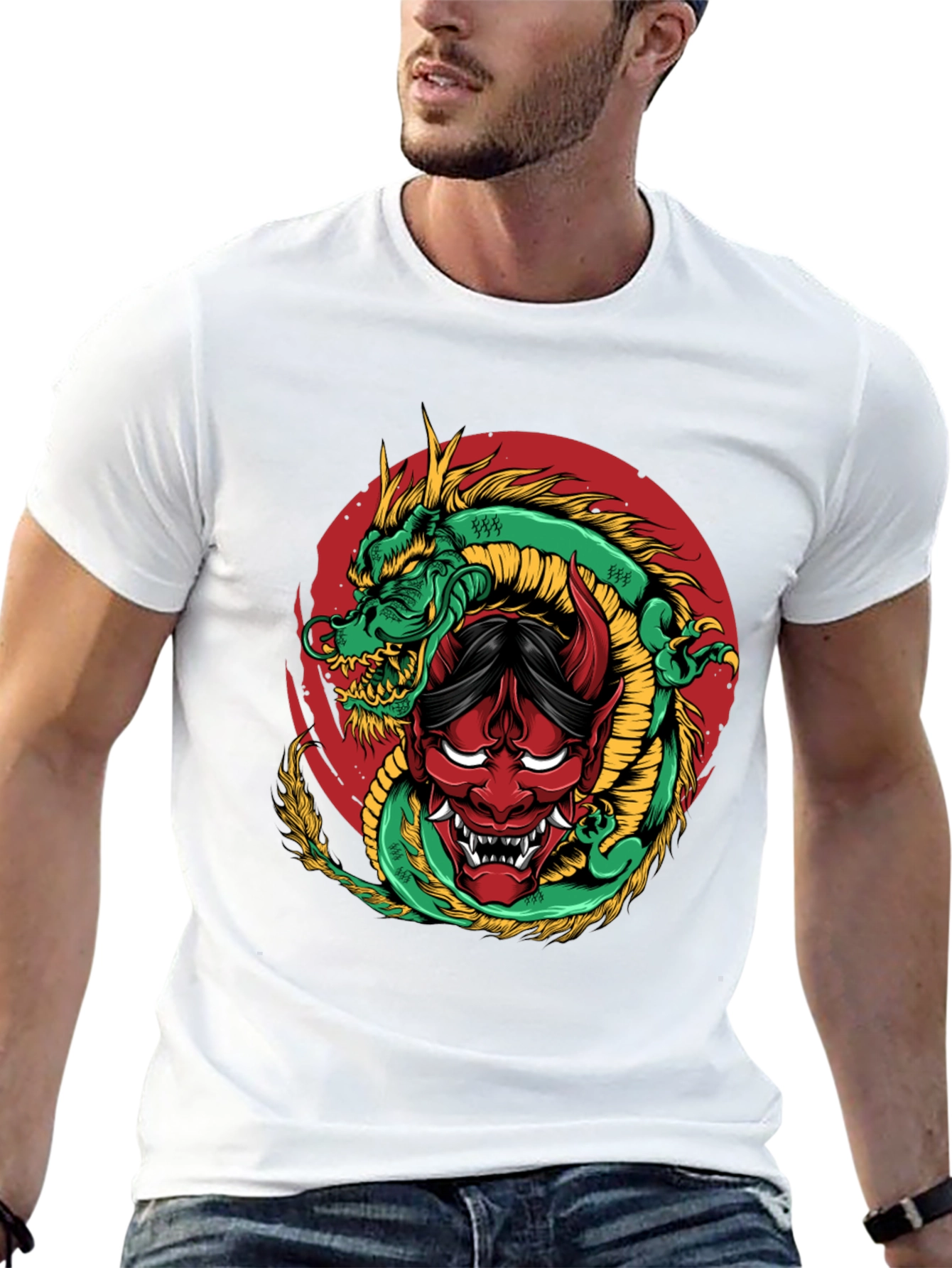 Dragon and Oni Mask Graphic T-Shirt