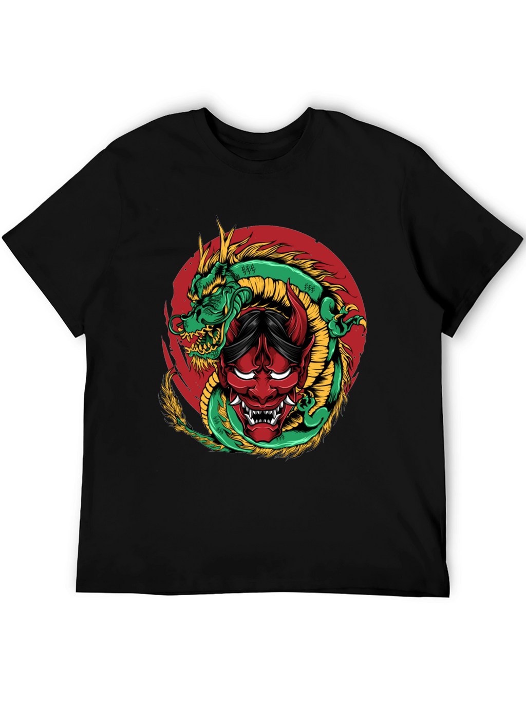Dragon and Oni Mask Graphic T-Shirt