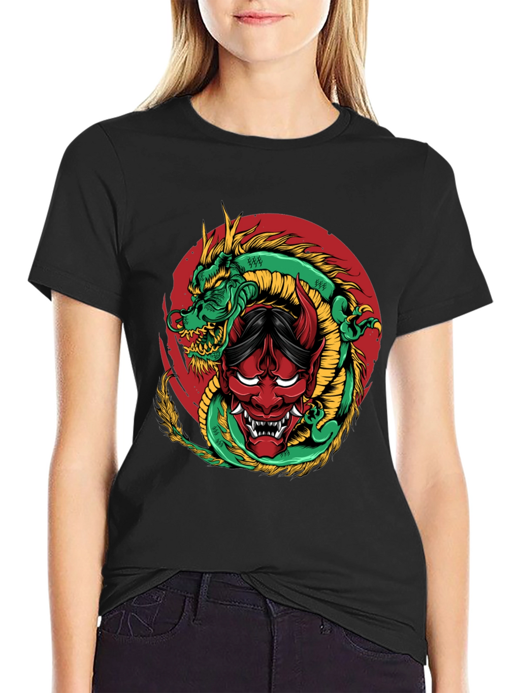 Dragon and Oni Mask Graphic T-Shirt