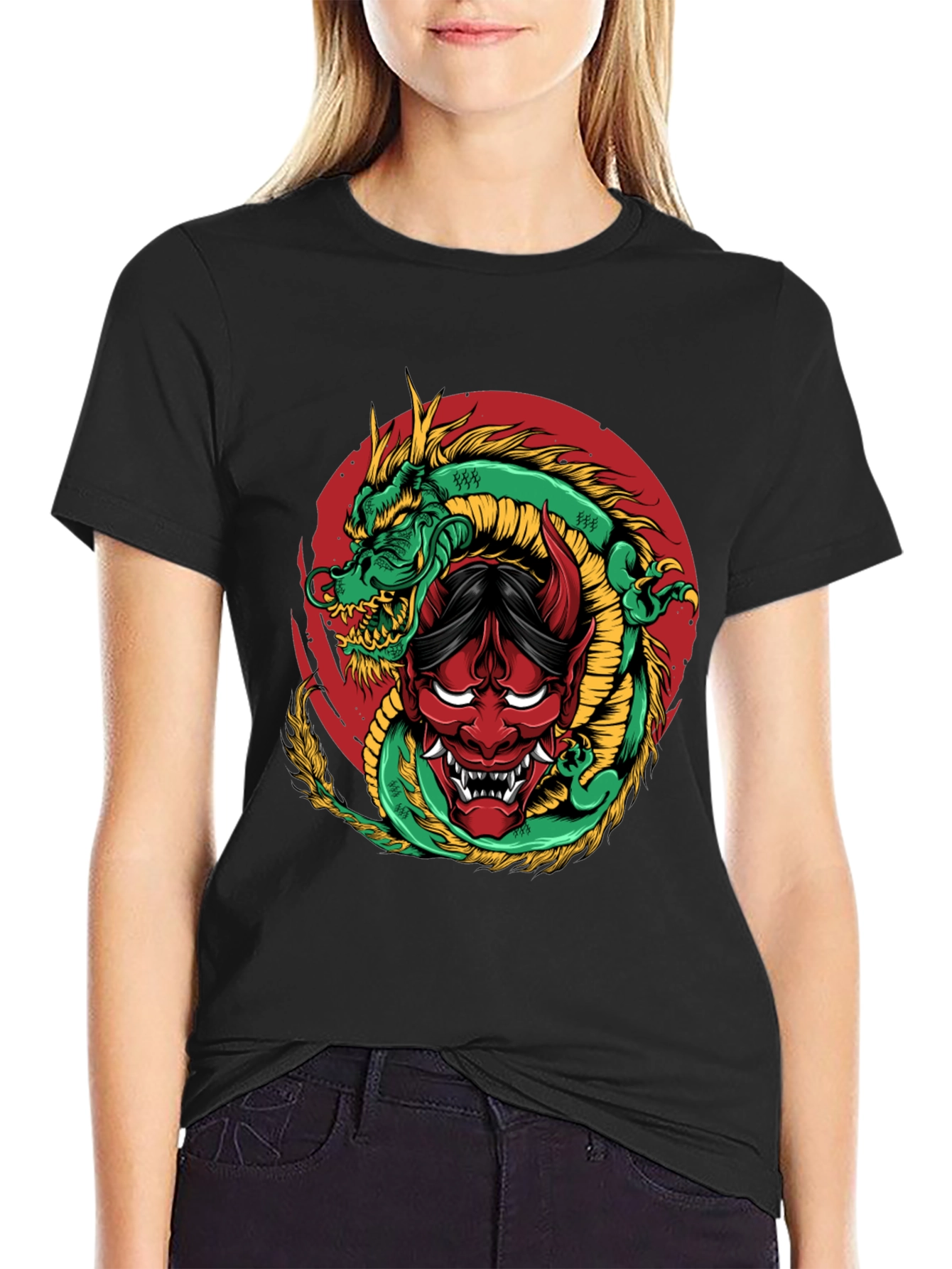 Dragon and Oni Mask Graphic T-Shirt