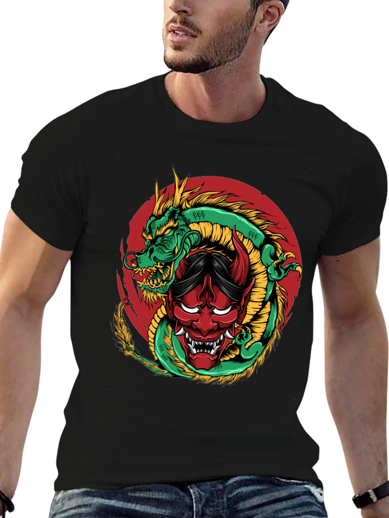 Dragon and Oni Mask Graphic T-Shirt