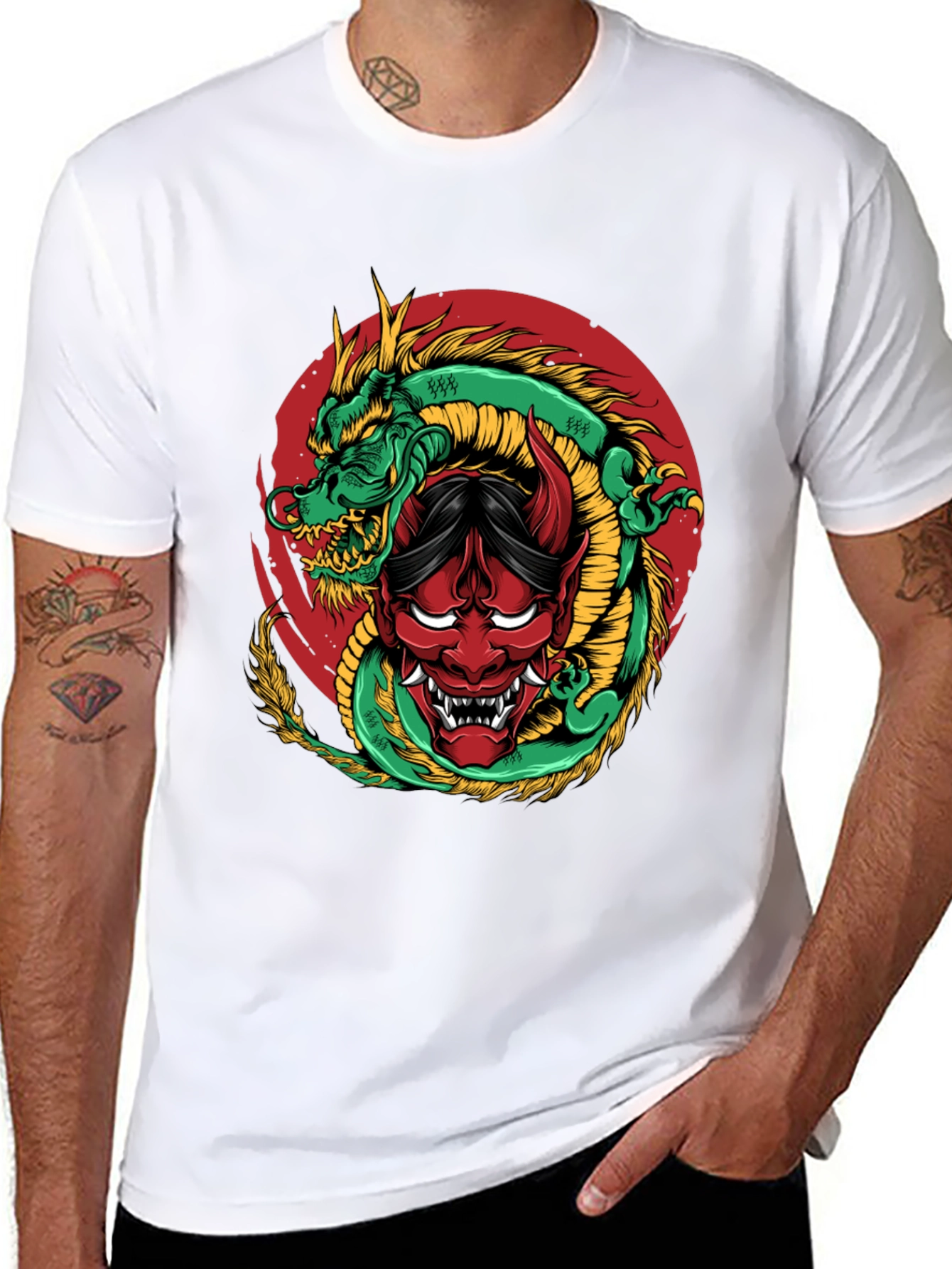 Dragon and Oni Mask Graphic T-Shirt
