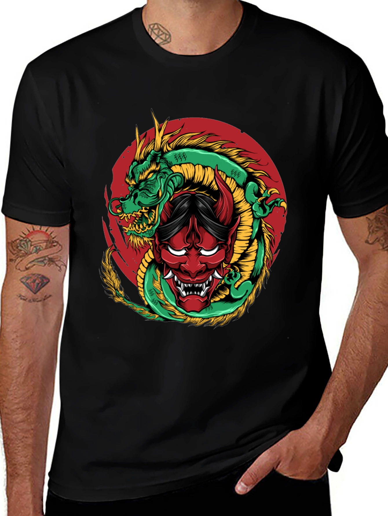 Dragon and Oni Mask Graphic T-Shirt