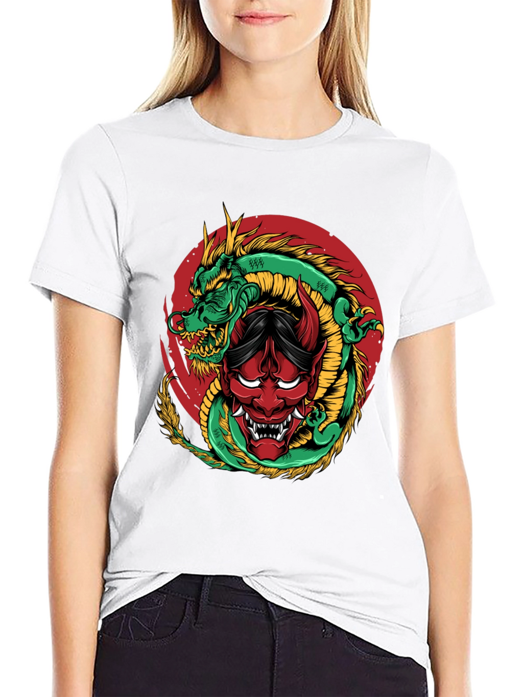 Dragon and Oni Mask Graphic T-Shirt