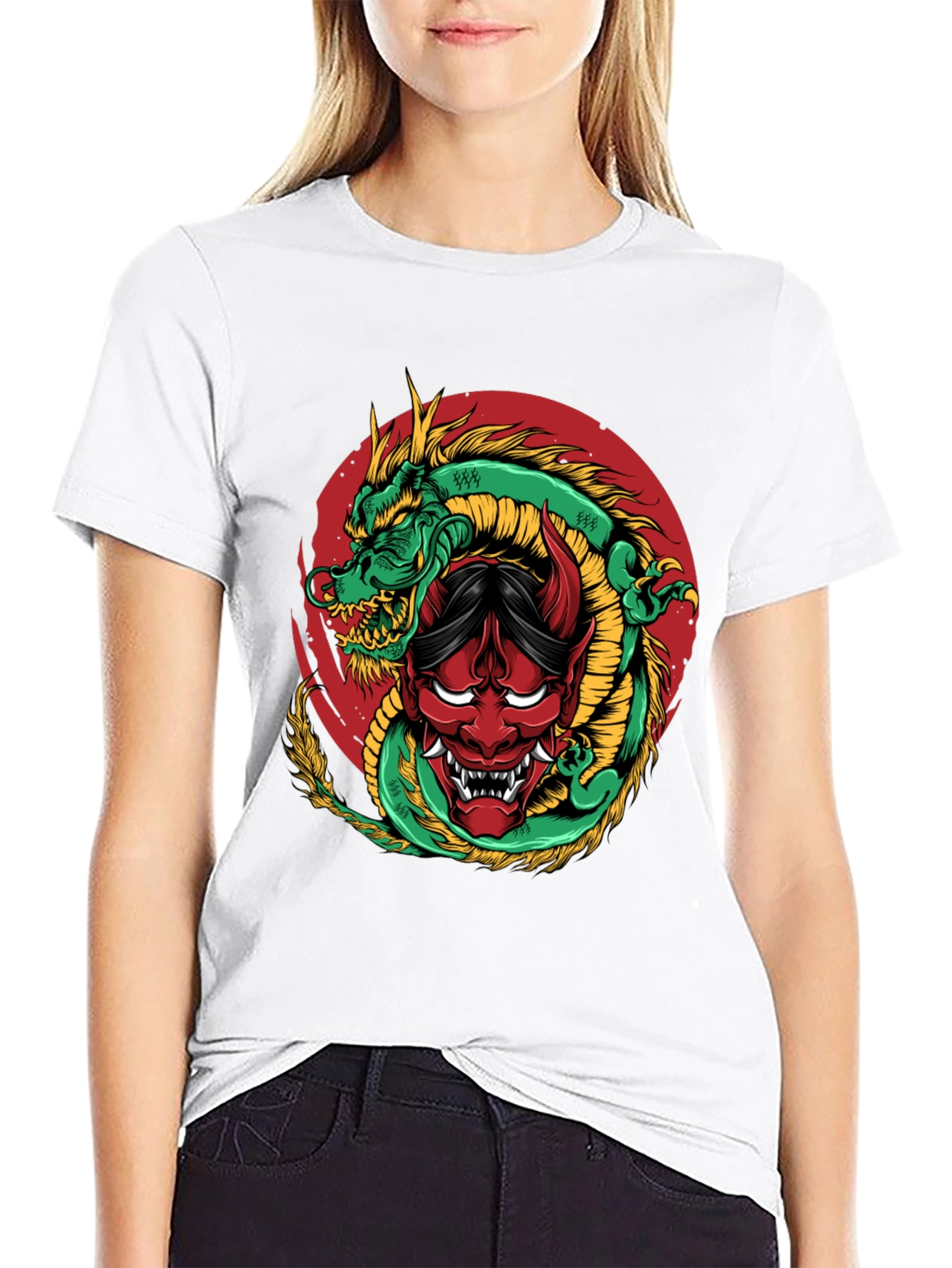 Dragon and Oni Mask Graphic T-Shirt