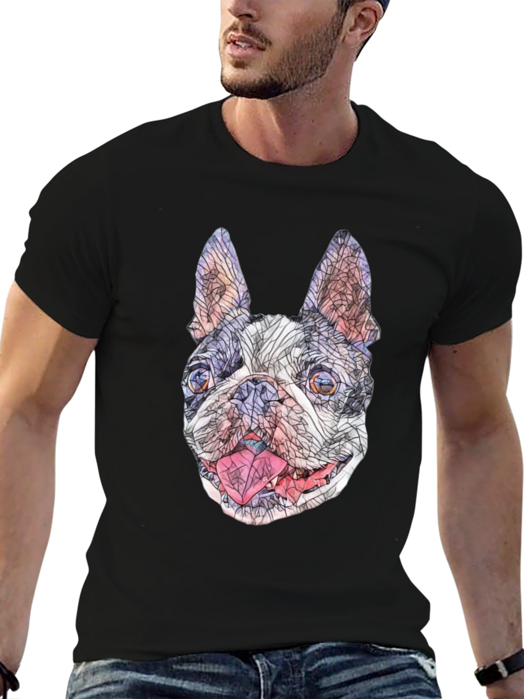 Geometric French Bulldog Graphic T-Shirt - Black