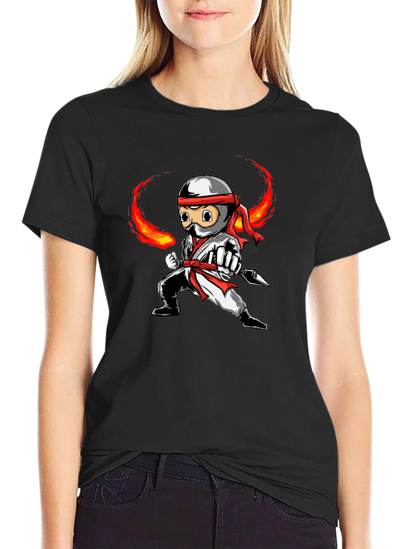 Ninja Cartoon Graphic Black T-Shirt