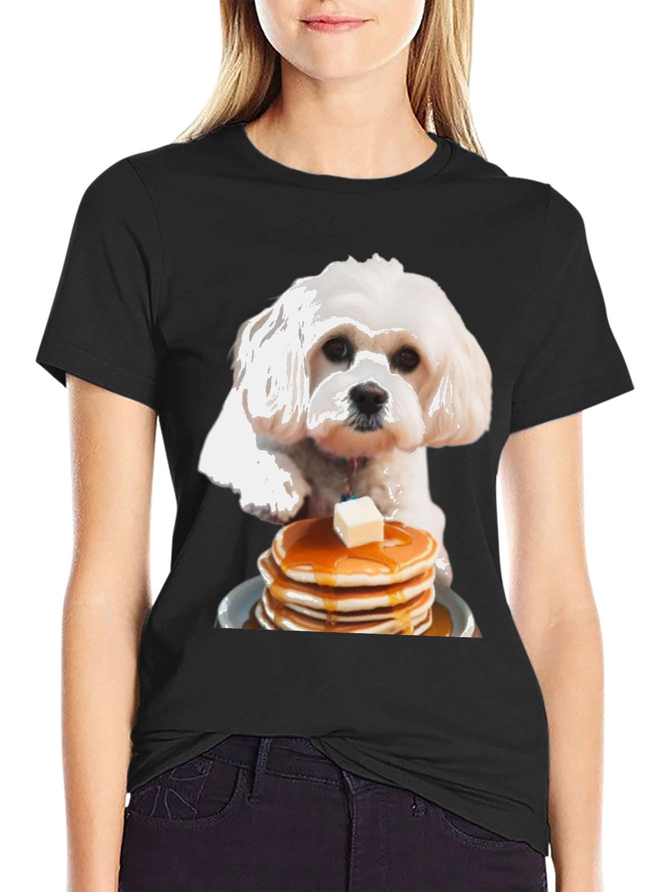 Dog and Pancakes Black Graphic T-Shirt