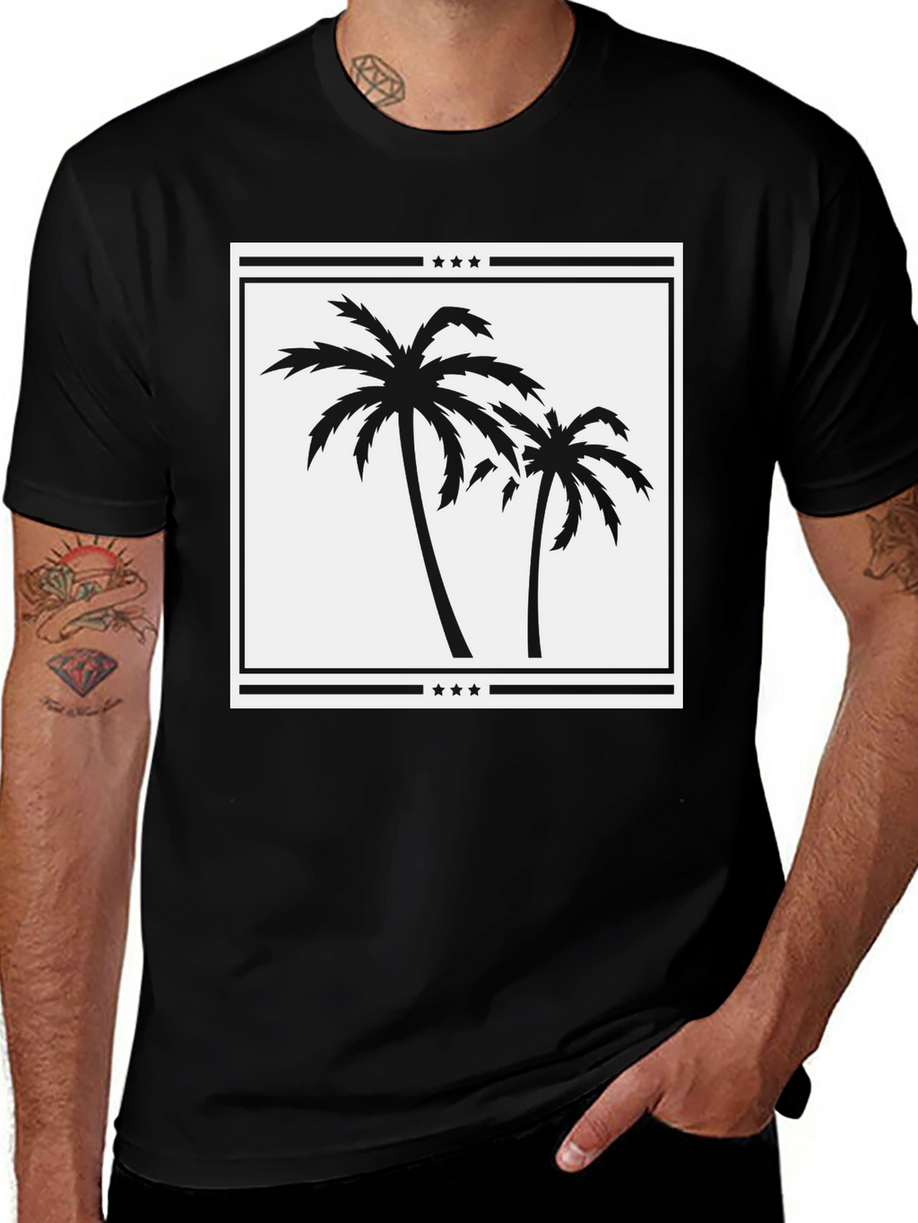 Palm Tree Graphic Tee - Black Cotton Casual Shirt