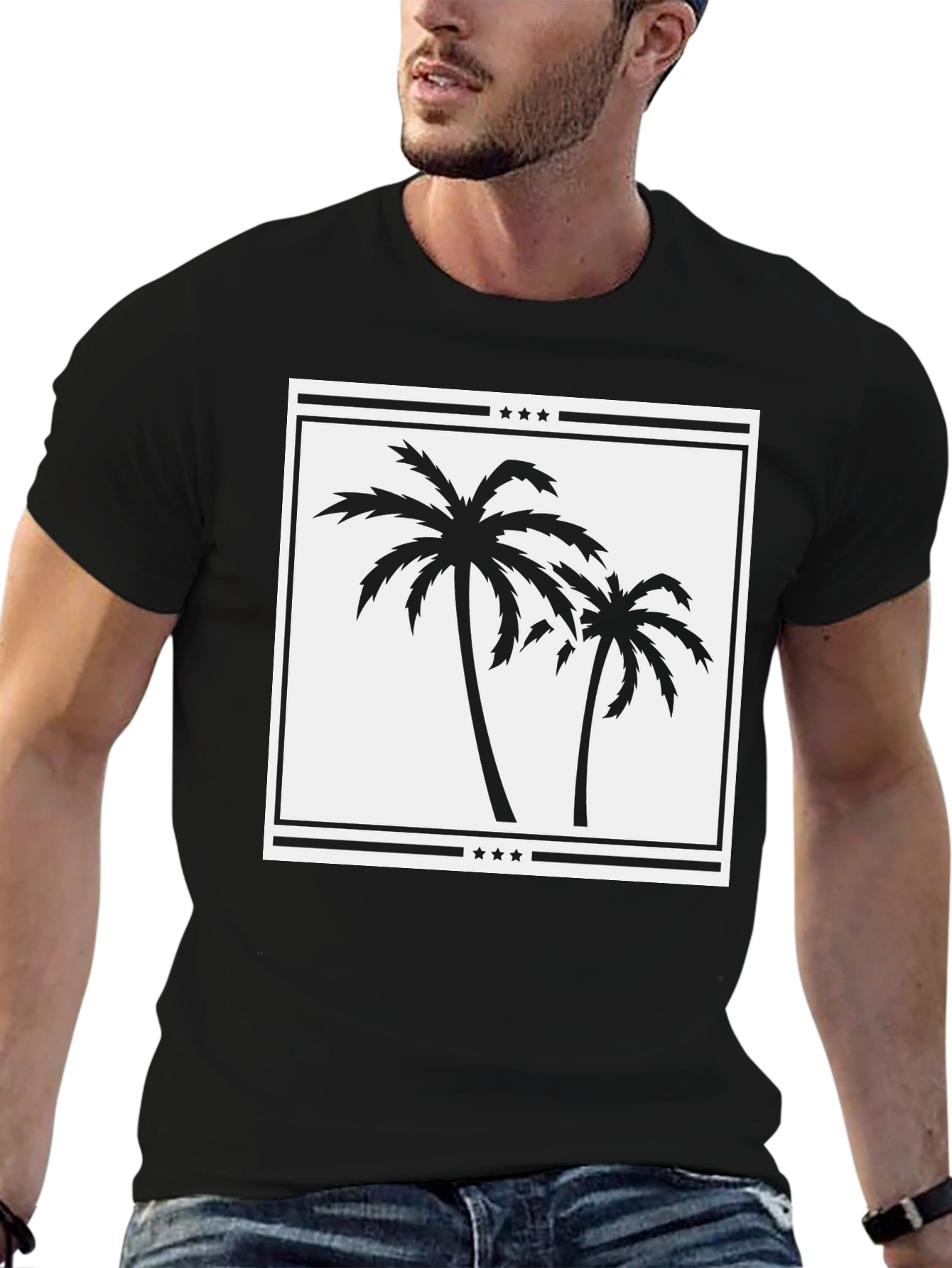 Palm Tree Graphic Tee - Black Cotton Casual Shirt